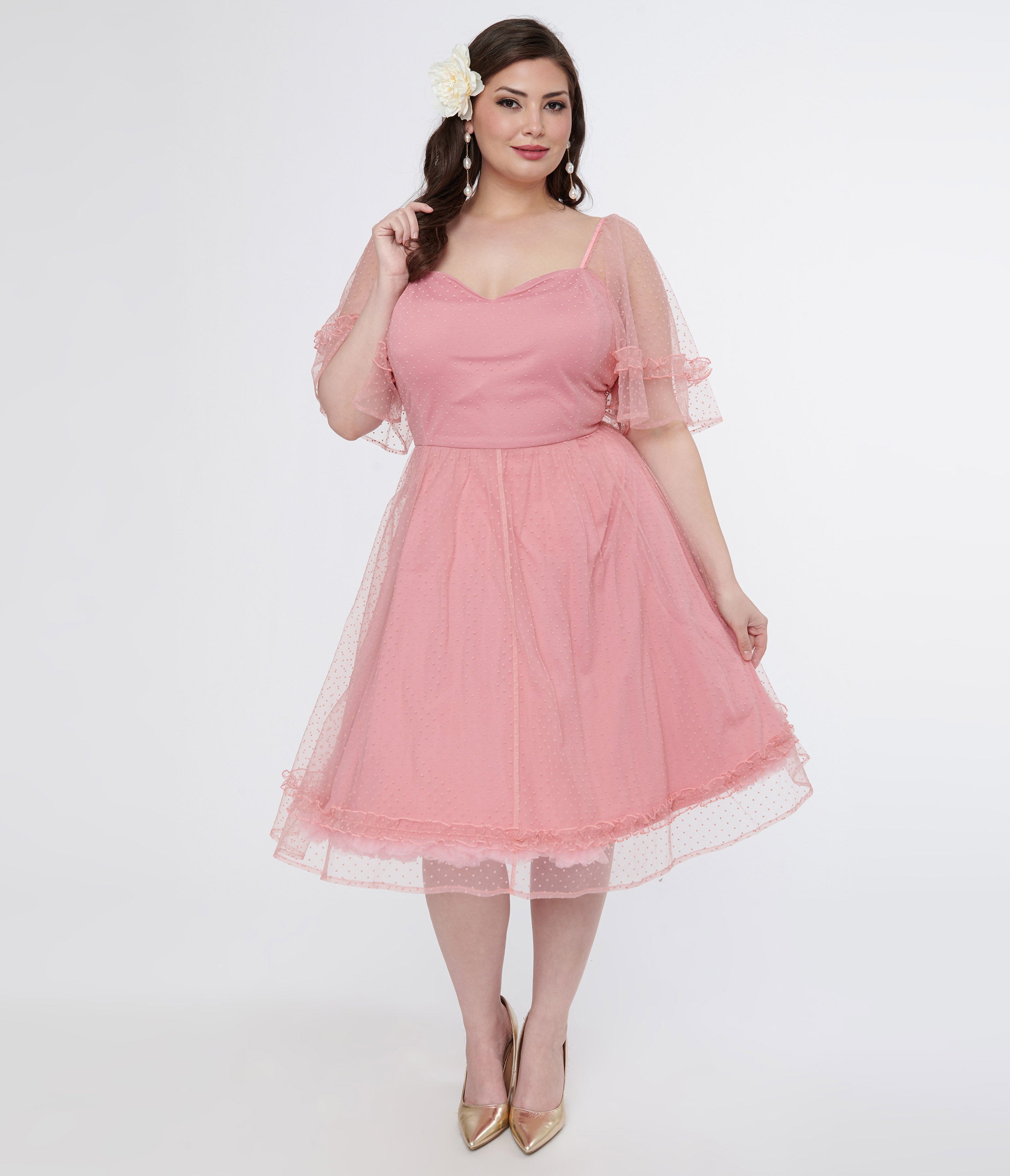 Unique Vintage Plus Size 1950s Rose Ruffle Sweetheart Swing Dress