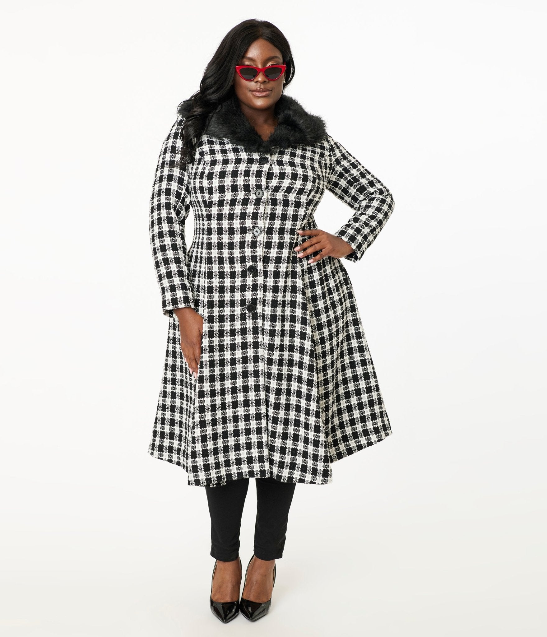 Unique Vintage Plus Size 1950s Black & White Plaid & Black Fur Carrie Swing Coat