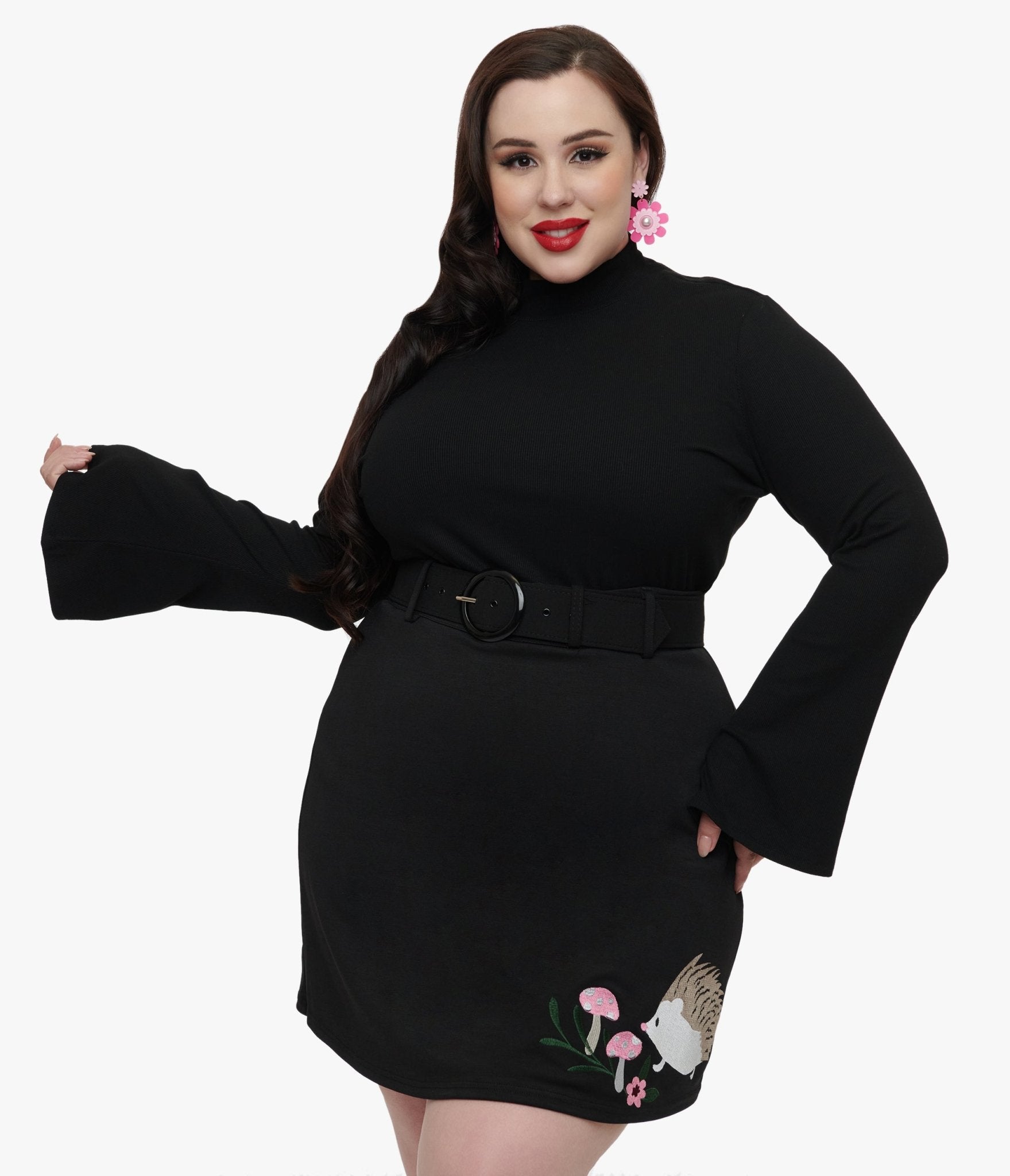 Smak Parlour Plus Size 1960s Black Mock Neck Bell Sleeve Top