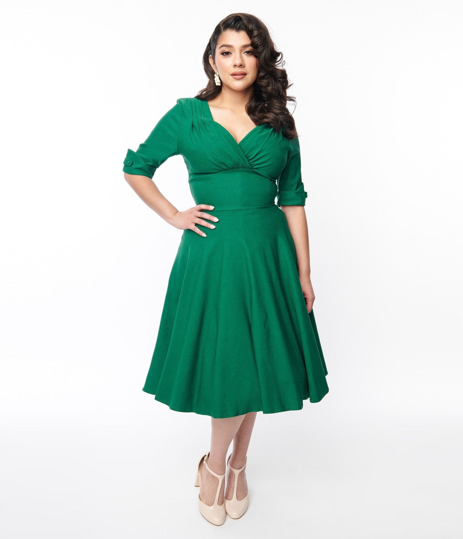 Unique Vintage Emerald Green Delores Swing Dress with Sleeves