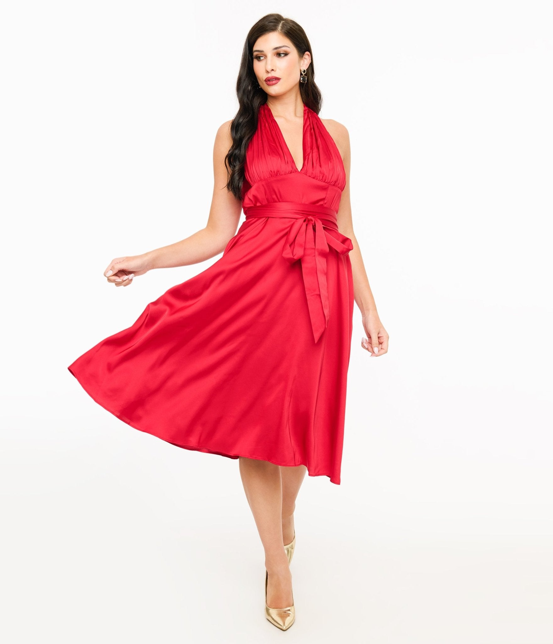 Unique Vintage Red Satin Halter Swing Dress