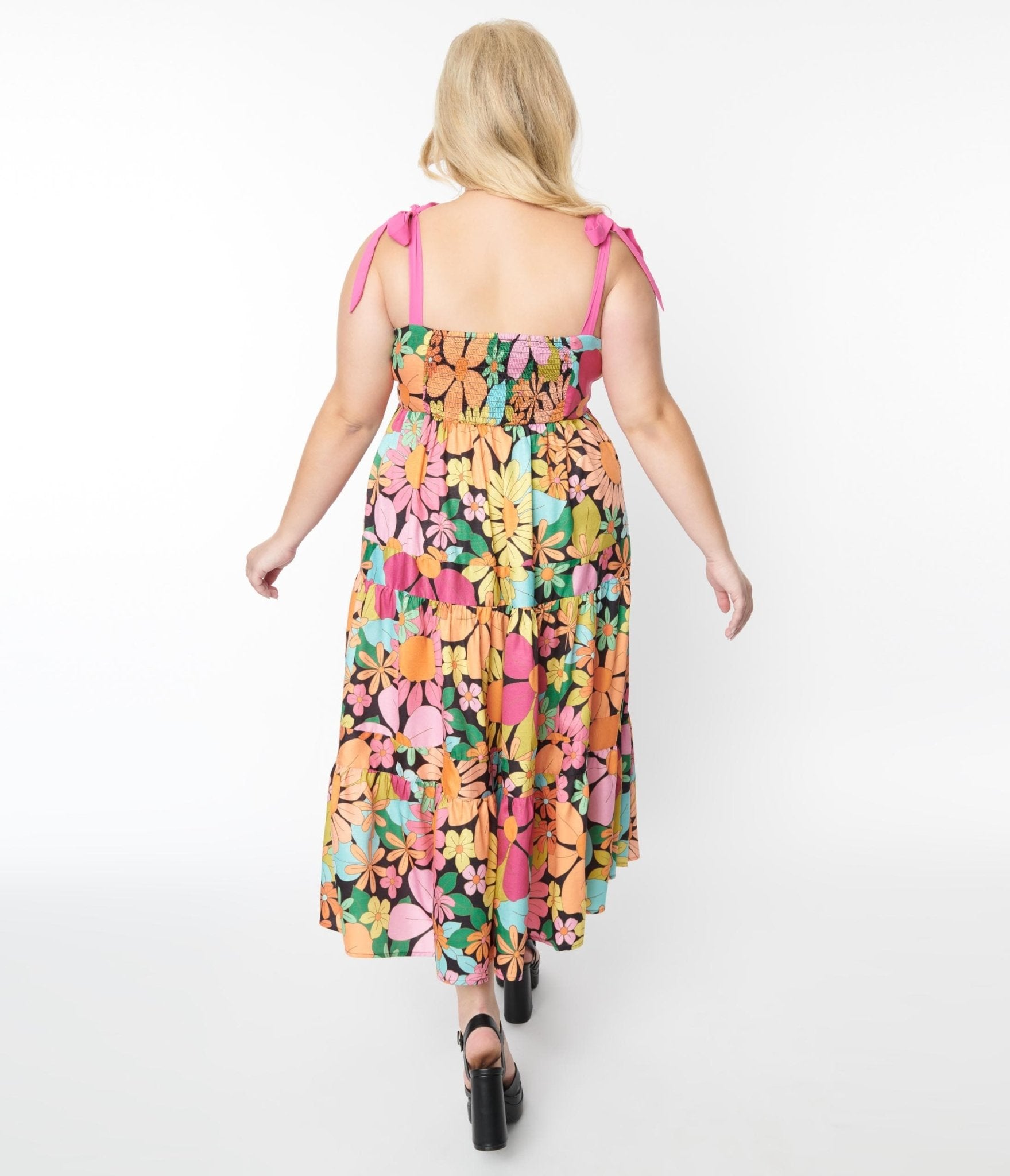 Unique Vintage Pink Floral Tiered Midi Dress