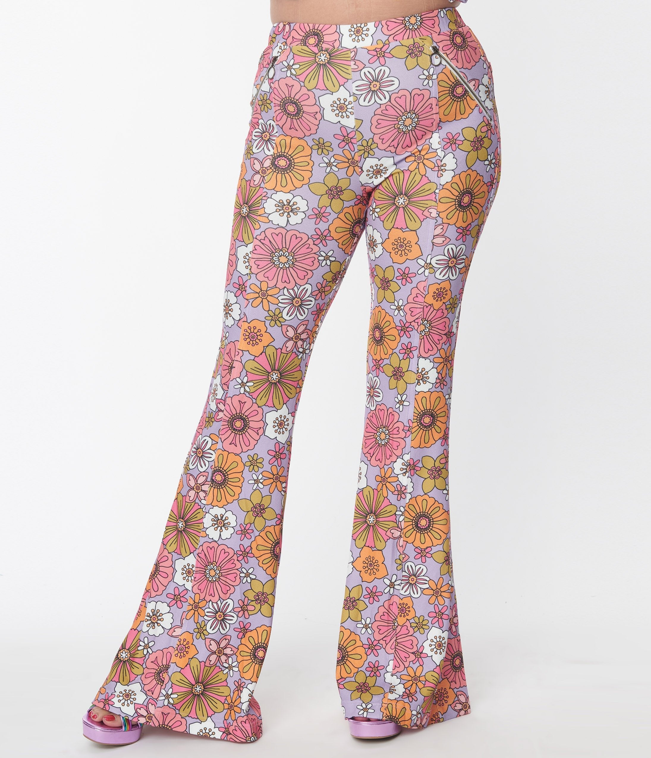 Smak Parlour Lavender Retro Bloom Zipper Pocket Flare Pants