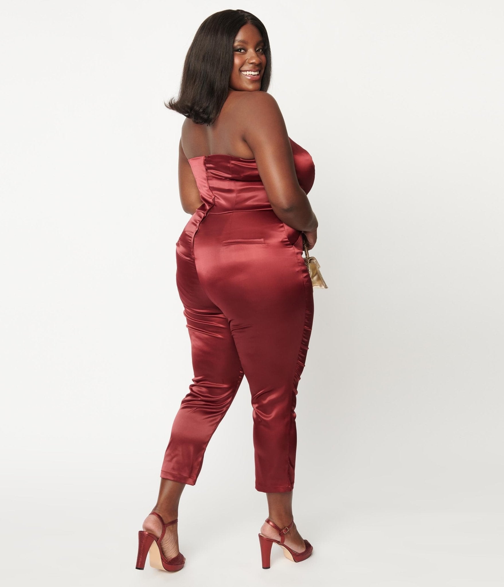 Unique Vintage Plus Size 1970s Wine Satin Marcel Jumpsuit