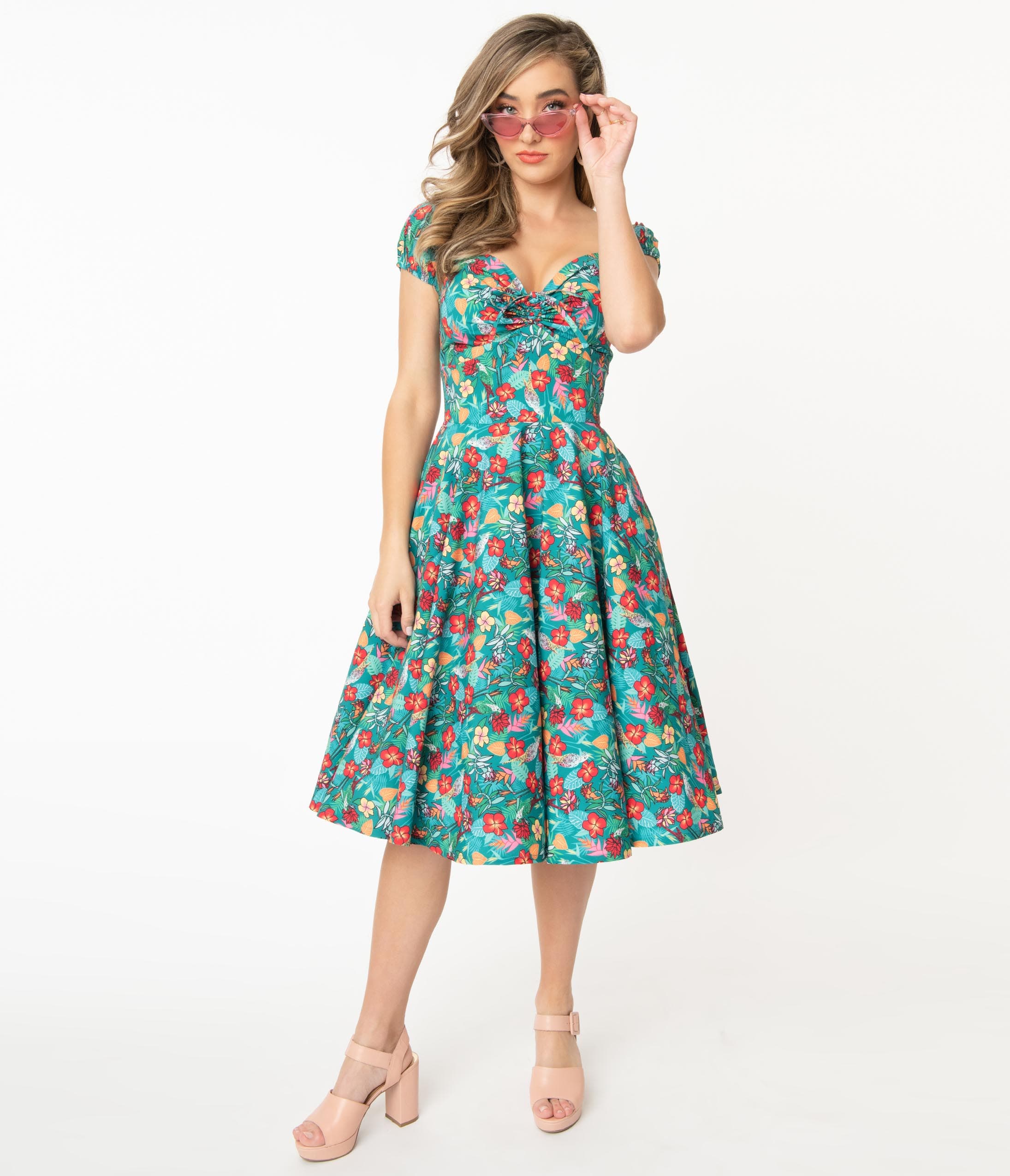 Teal & Multicolor Tropical Floral Print Preston Swing Dress