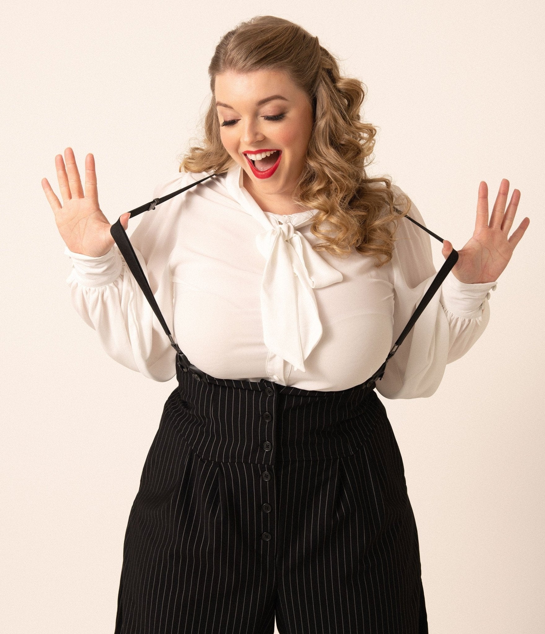 Unique Vintage Plus Size 1930s Black & White Pin Stripe Thelma Suspender Pants