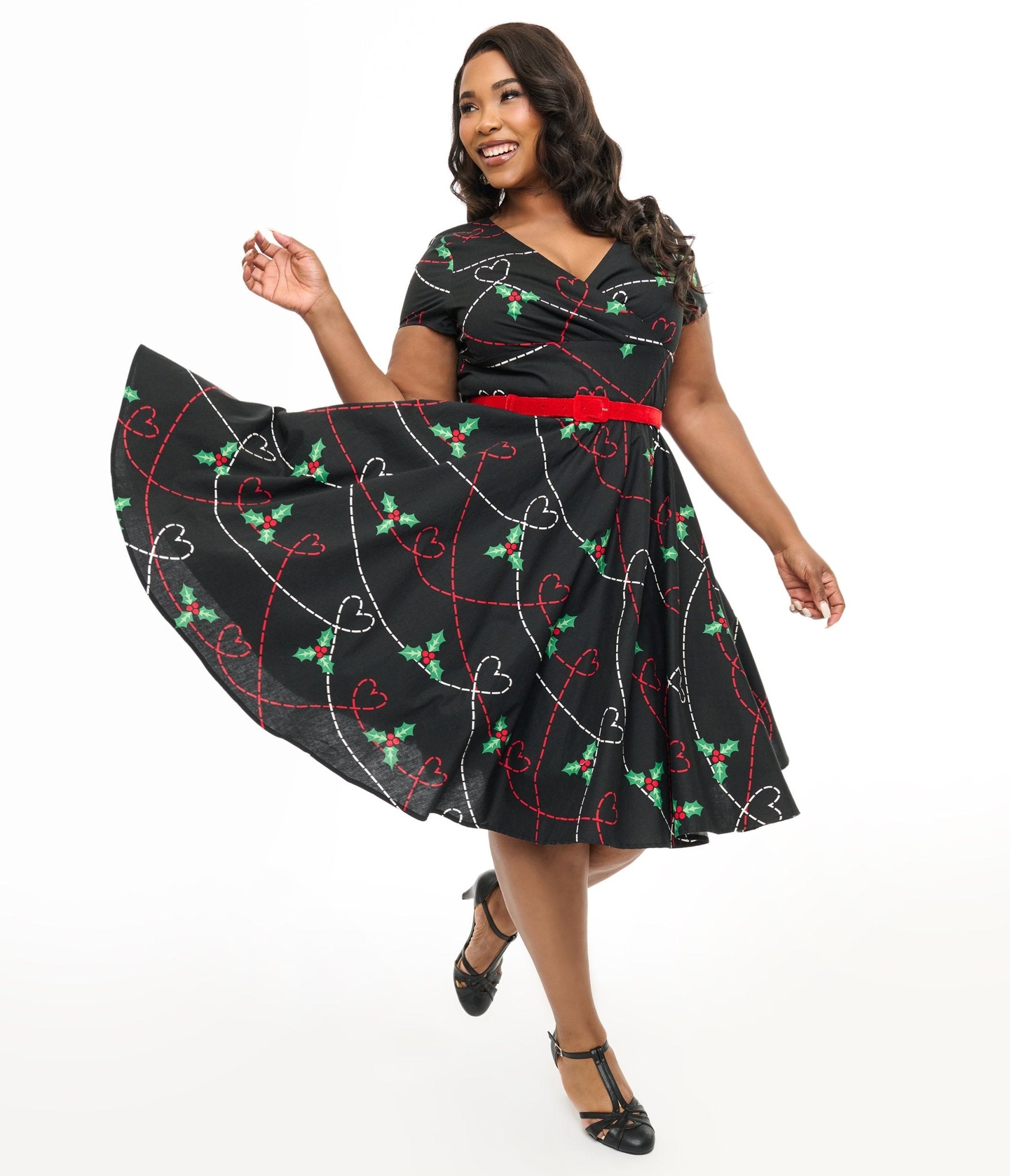 Hell Bunny Plus Size 1950s Festive Hearts & Holly Print Angelica Swing Dress