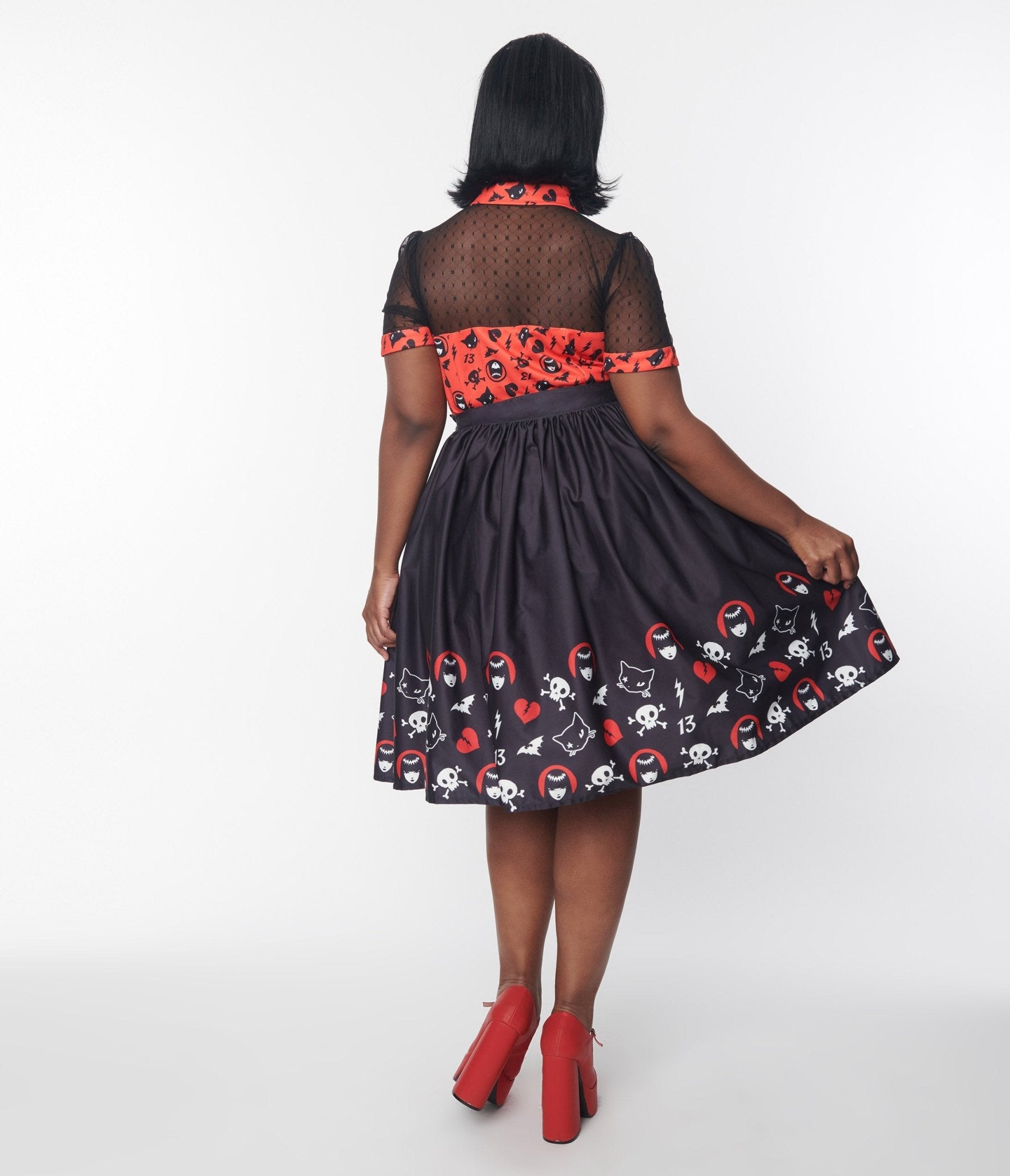 Emily The Strange x Unique Vintage Black & Emily Border Print Gellar Swing Skirt