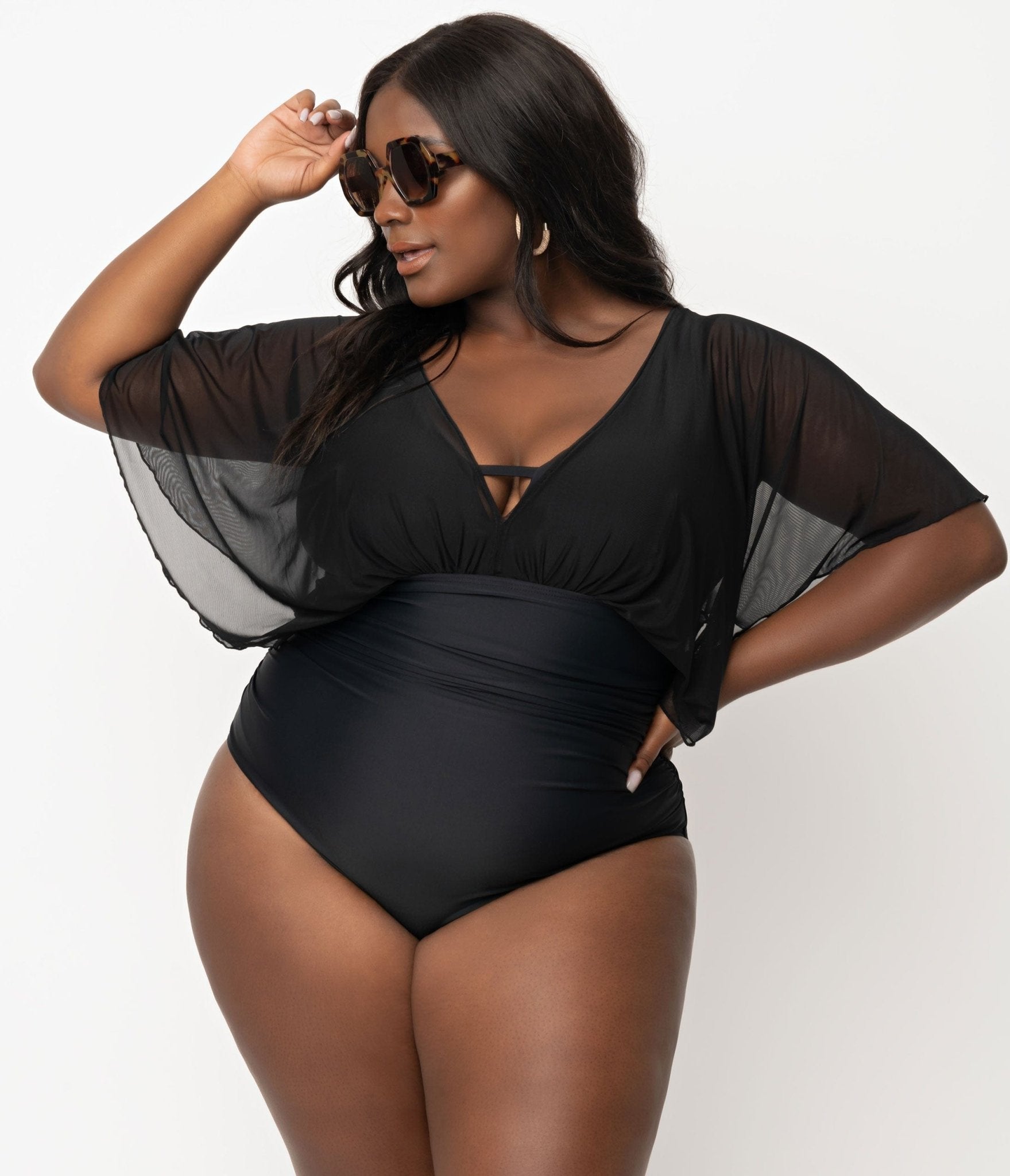 Unique Vintage Plus Size Black Mesh Sleeved Torrey Swimsuit