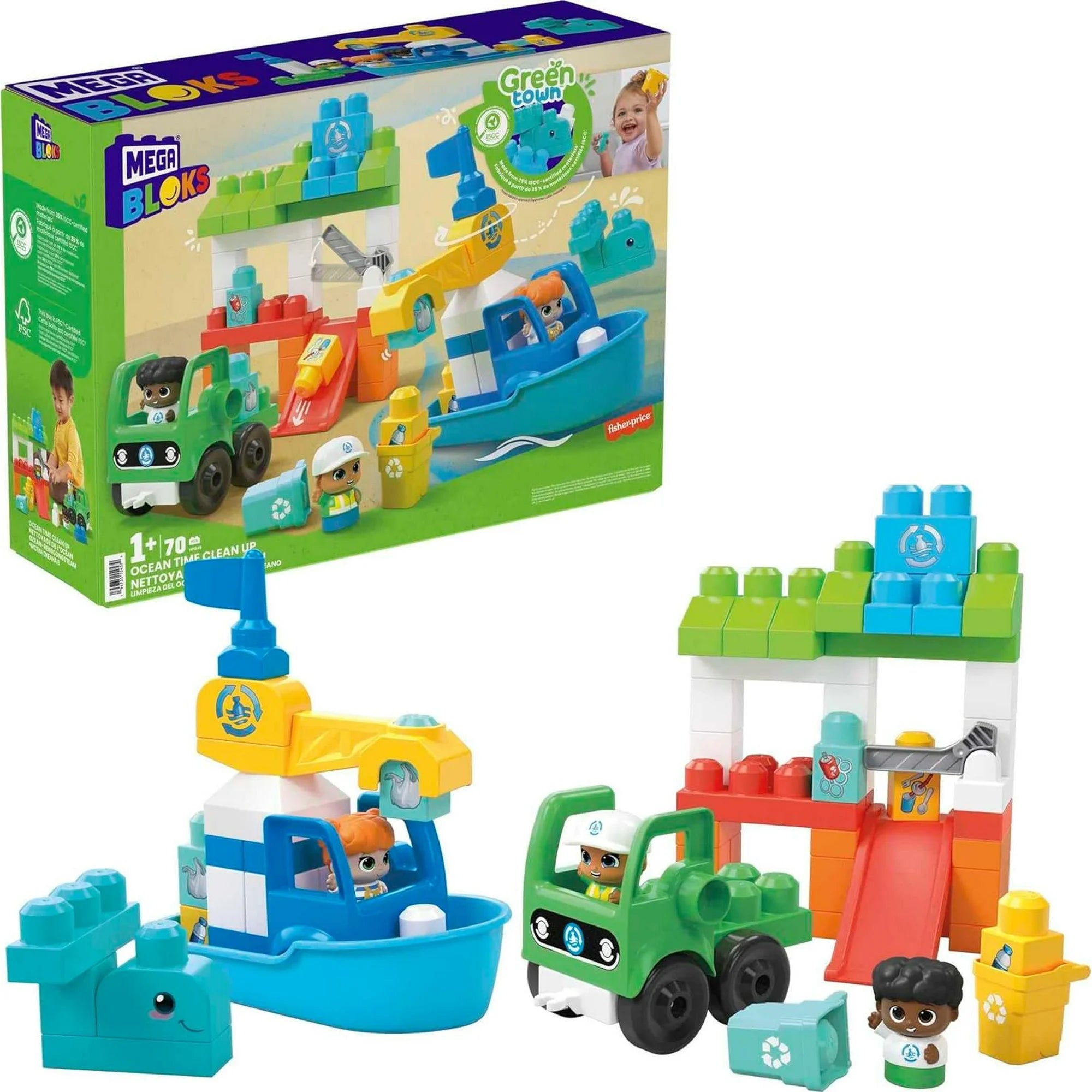 Fisher-Price HPB49 Toddler Building Blocks Toy Set, Green Town Ocean Time Clean Up with 70 Pieces