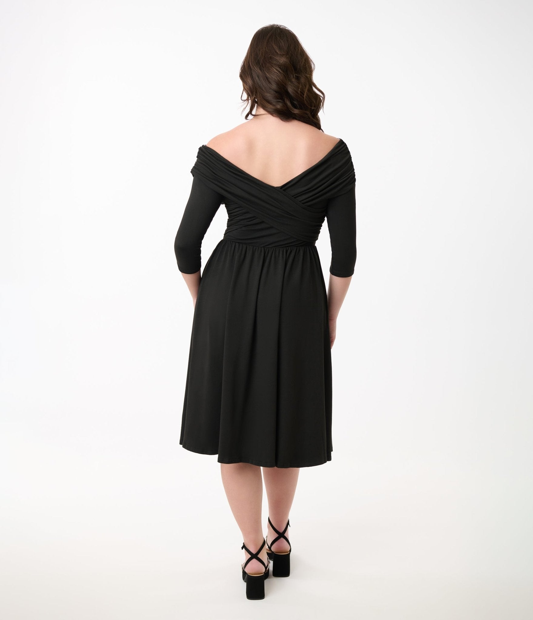 Unique Vintage Black Shirred Off Shoulder Swing Dress