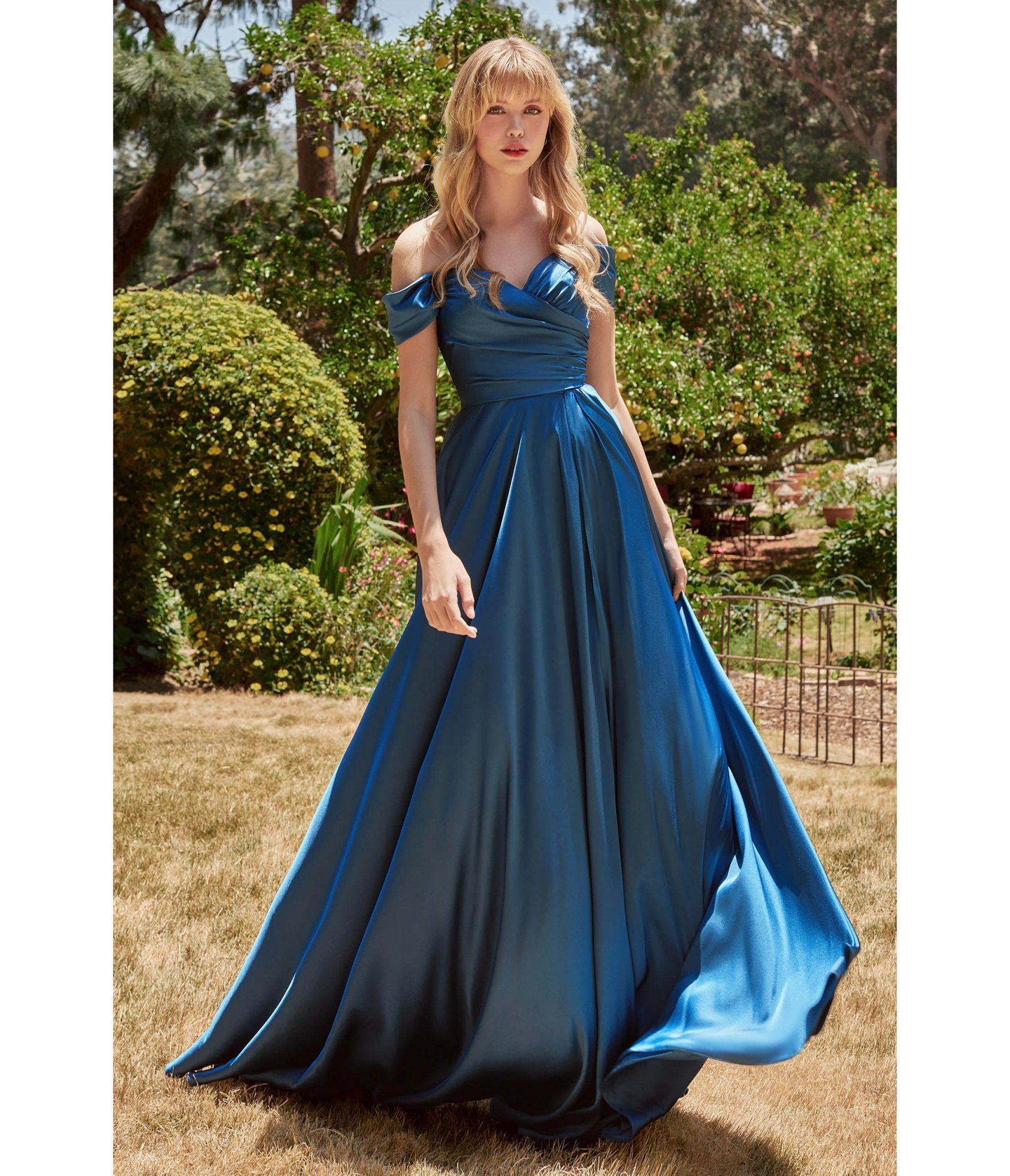 Ladivine by Cinderella Divine French Navy Satin Off The Shoulder Bridesmaid Gown