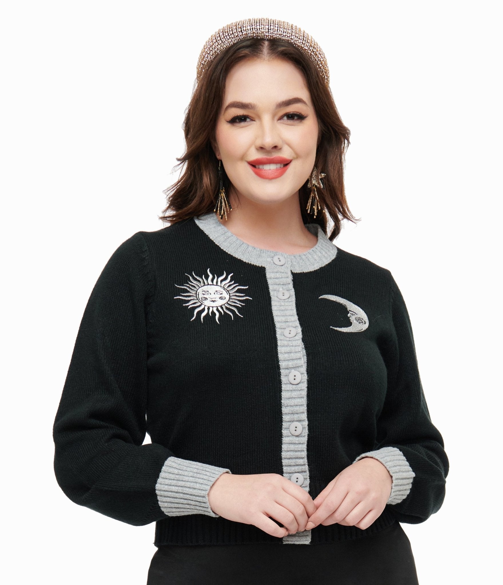 Smak Parlour 1960s Black & Silver Celestial Embroidered Cropped Cardigan