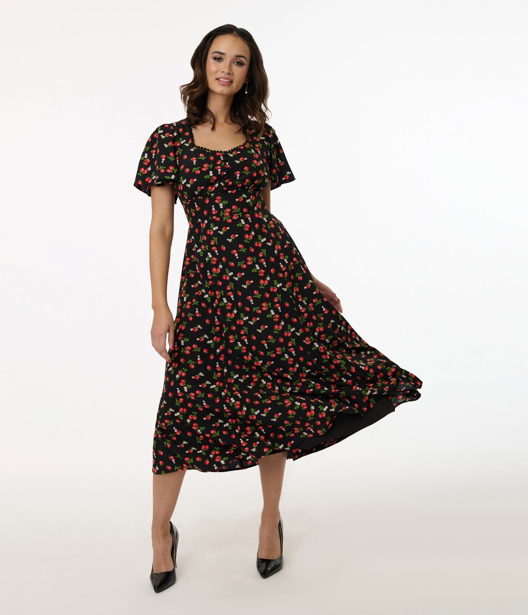 Unique Vintage 1940s Black & Strawberry Print Midi Dress