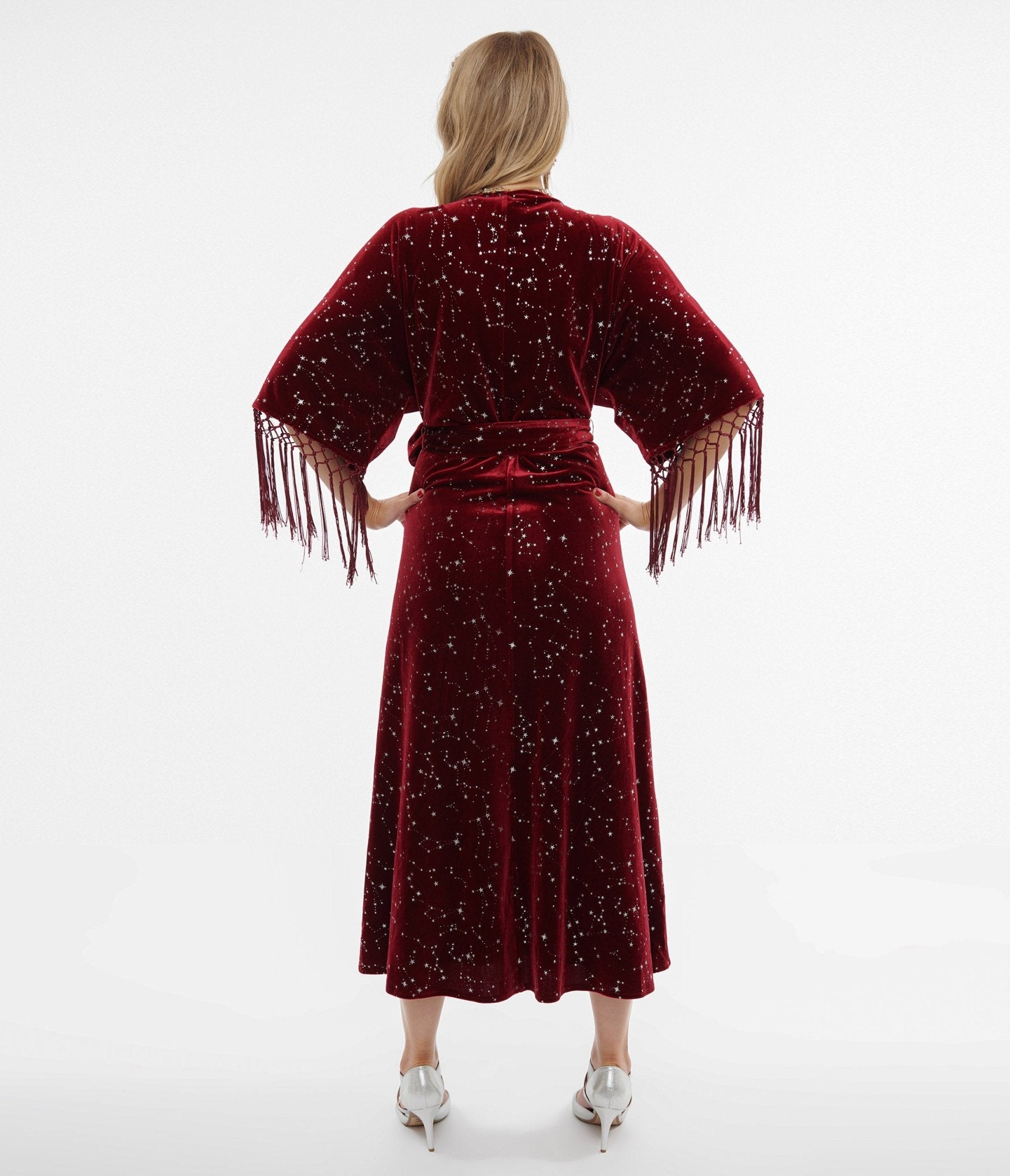 Unique Vintage 1970s Burgundy Velvet Silver Star Wrap Midi Dress