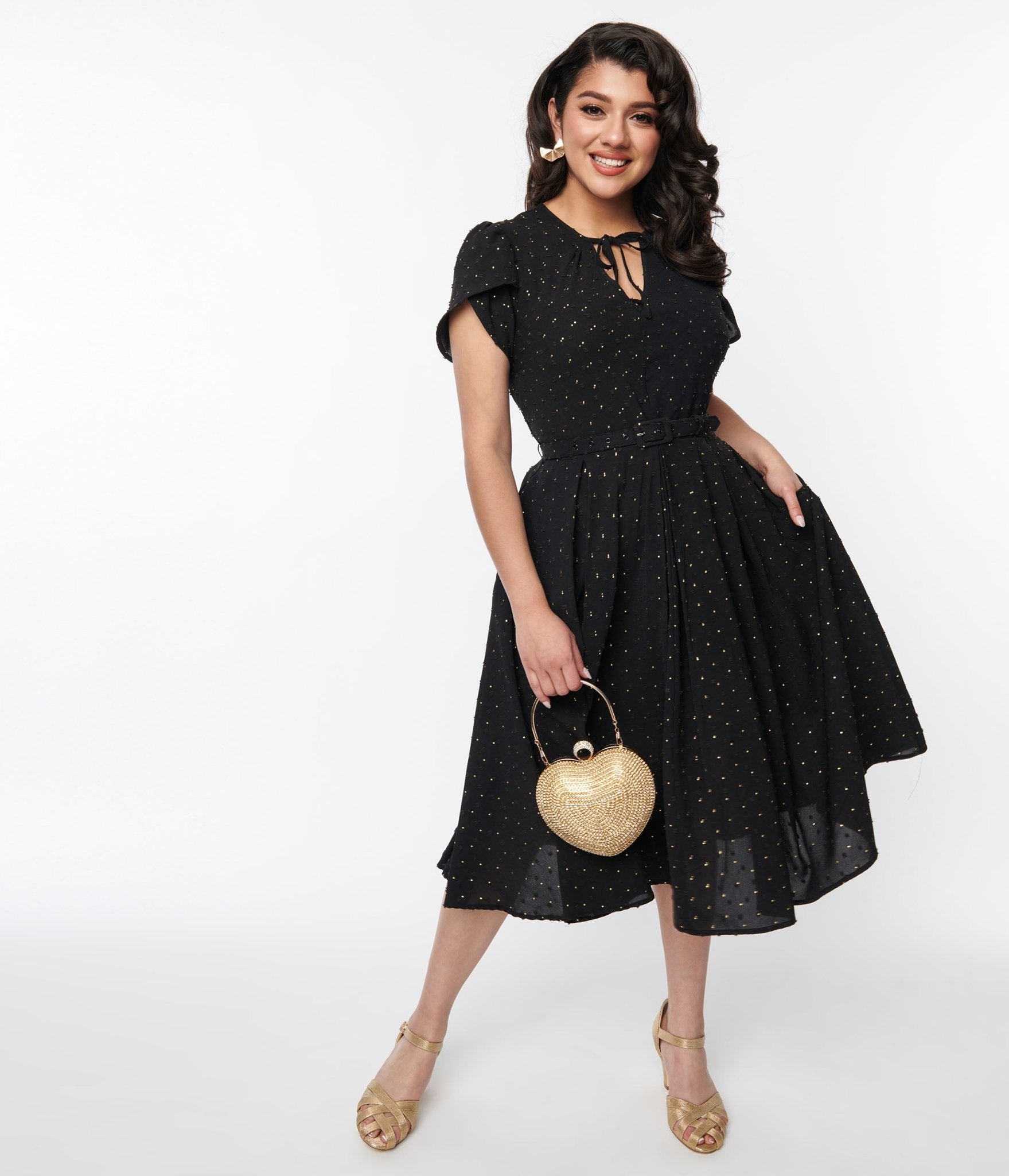 Unique Vintage Black & Gold Clip Dot Dahlia Swing Dress