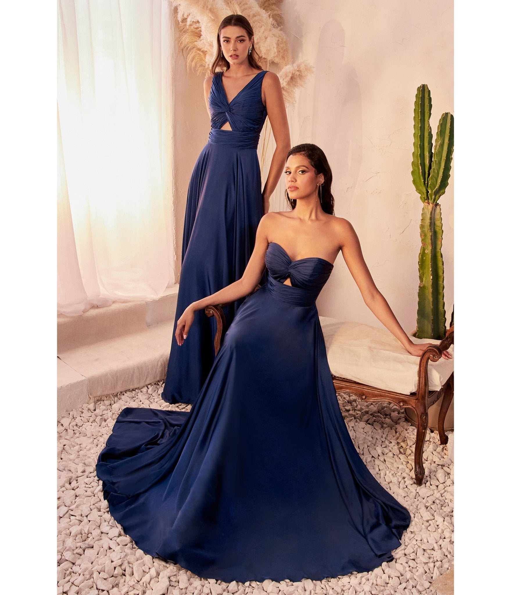 Ladivine by Cinderella Divine Navy Satin Strapless Keyhole Evening Gown