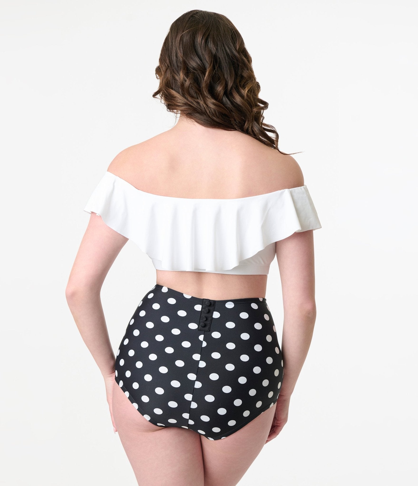 Unique Vintage Black & White Dotted Button High Waist Louise Swim Bottoms