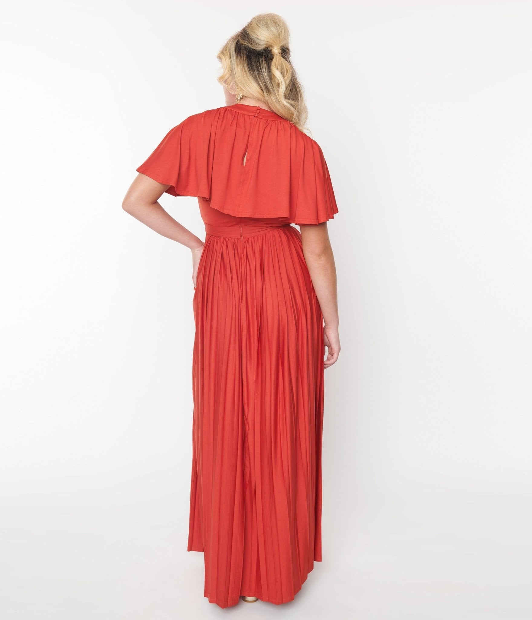 Smak Parlour 1970s Rust Red Pleated Cape Maxi Dress