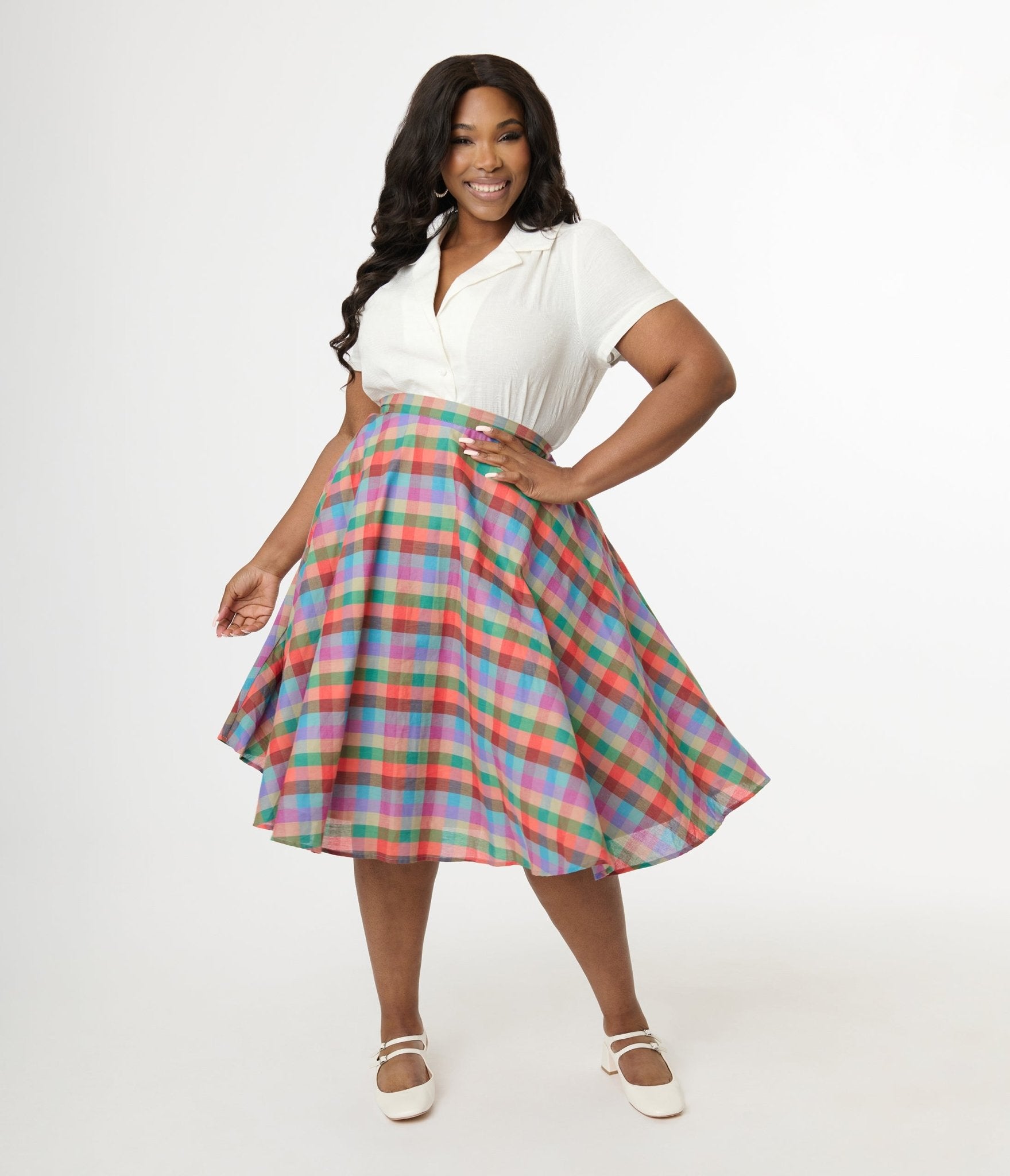 Magnolia Place Plus Size 1950s Multicolor Madras Plaid Cotton Sally Swing Skirt