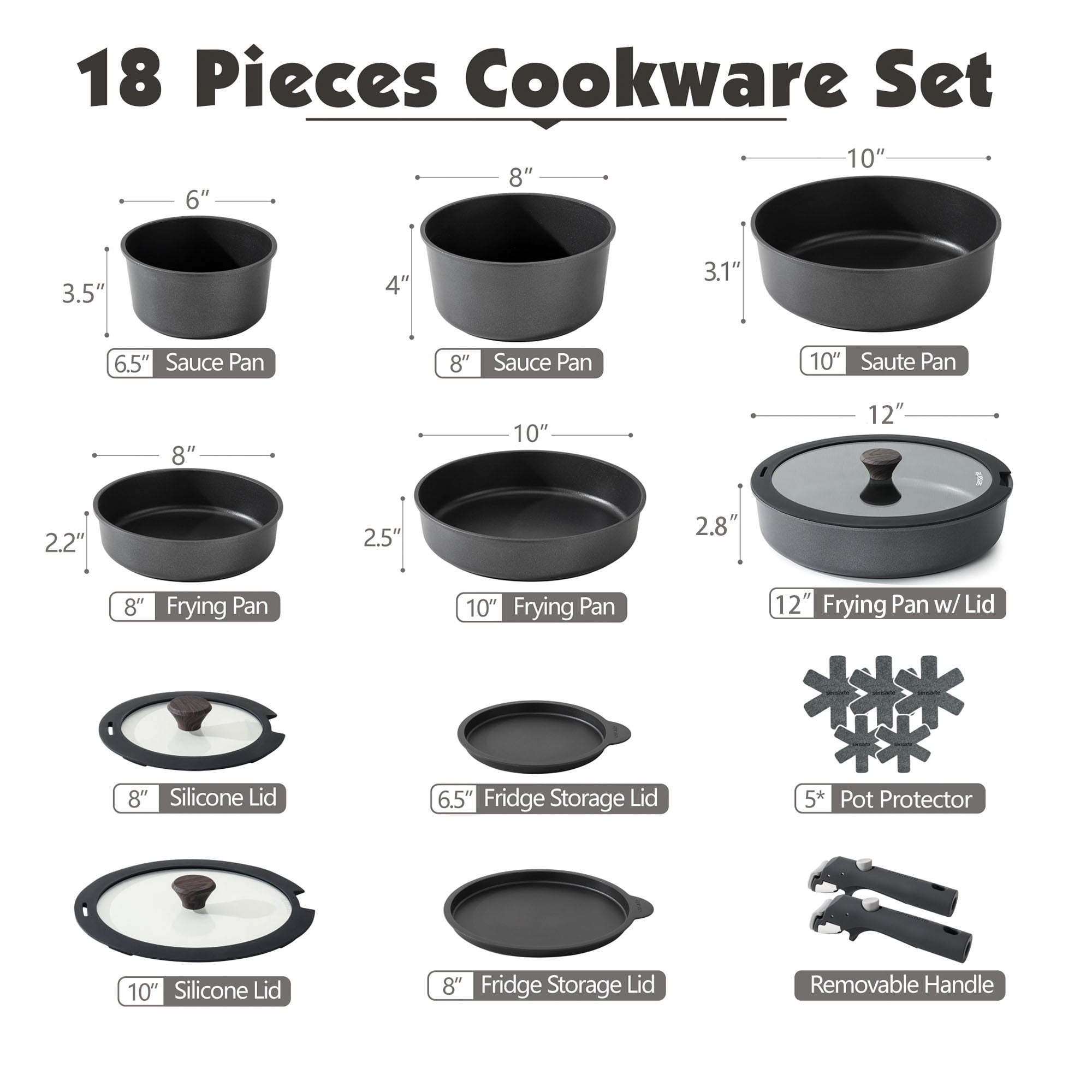 SENSARTE SA-SET47-18PCS-Black Nonstick Pots & Pans Set W/Removable Handle, 18Pcs Healthy Nonstick Cookware Set