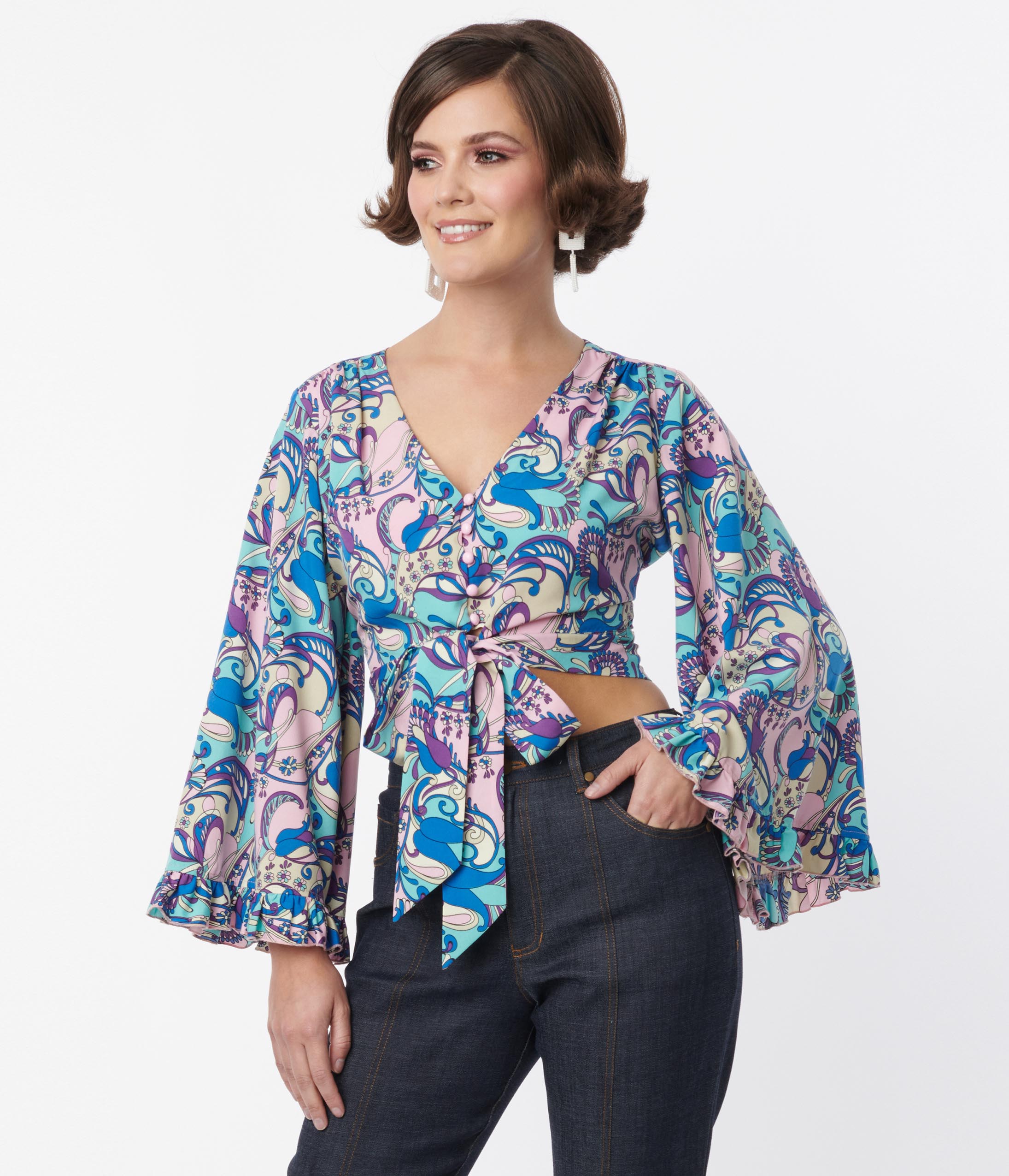 Smak Parlour Blue & Purple Psychedelic Floral Belva Crop Blouse