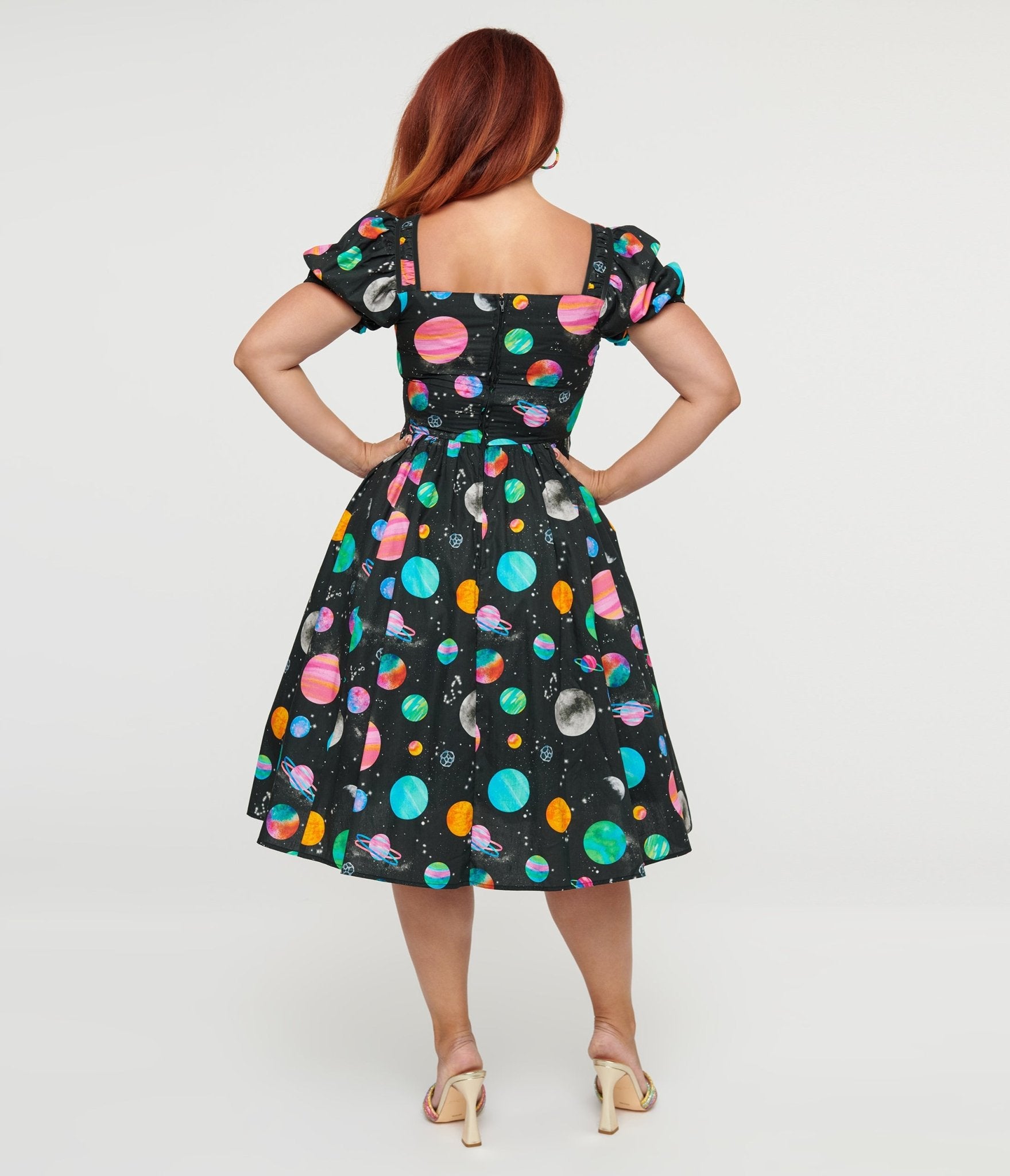 Unique Vintage 1940s Black Planet Print Button Front Dress