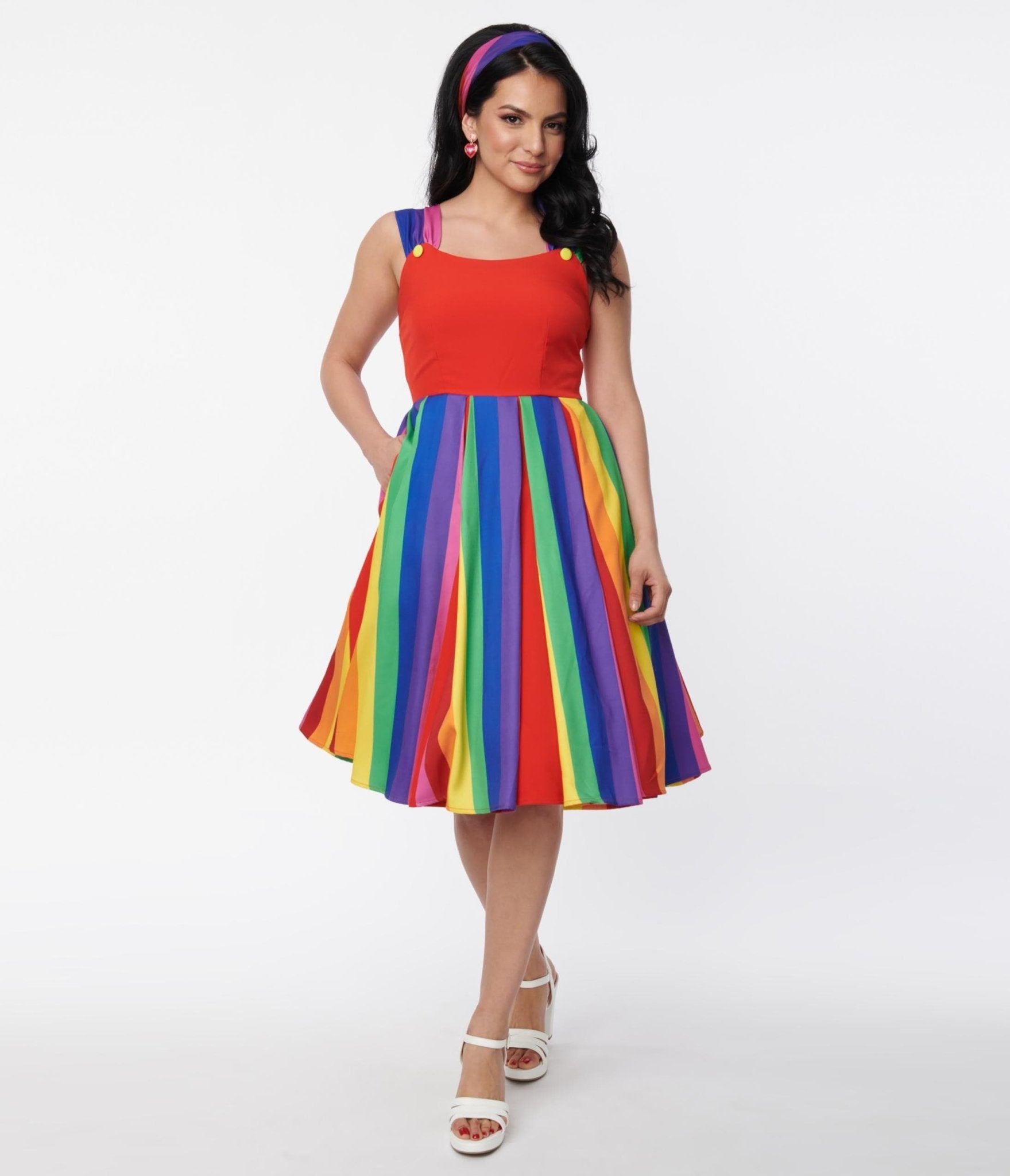 Unique Vintage Red & Rainbow Stripe Swing Dress