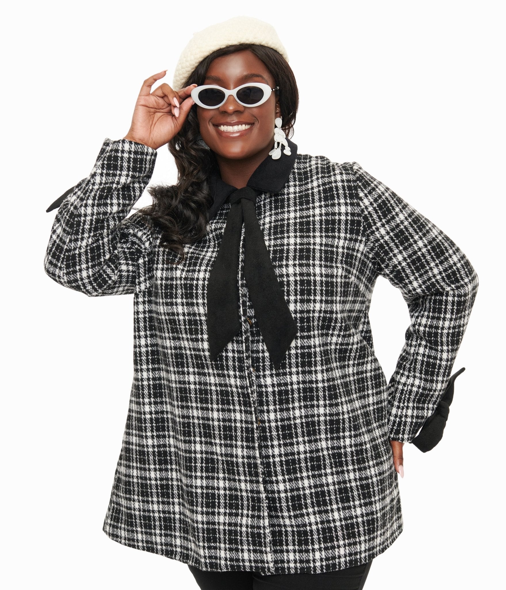 Smak Parlour Black & White Plaid Bows Topper Coat