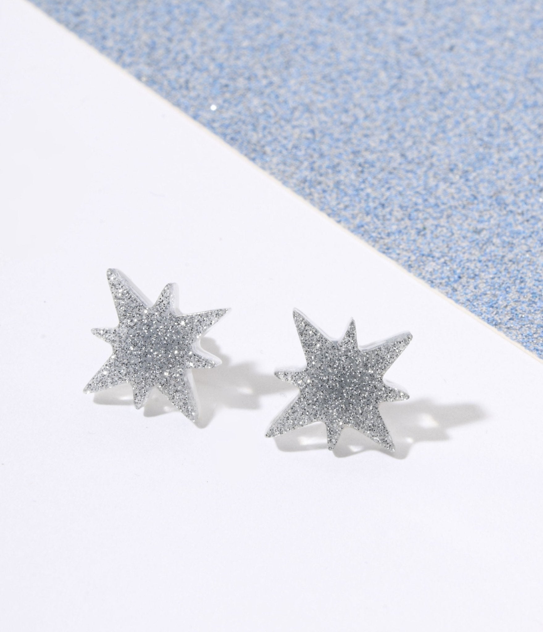 Silver Glitter Atomic Star Stud Earrings