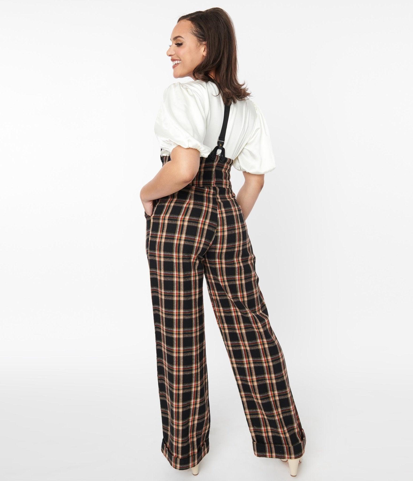 Unique Vintage 1930s Black & Auburn Plaid Thelma Suspender Pants