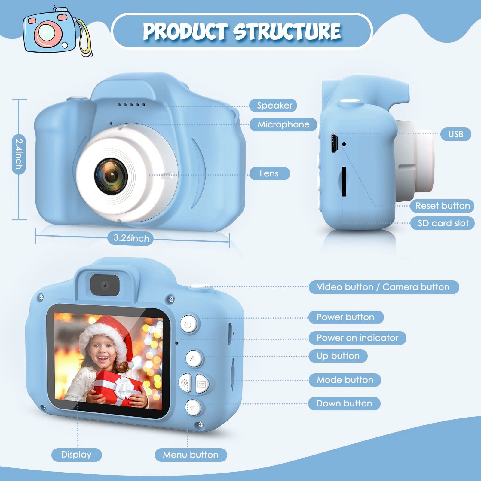 Sanmadrola Kids Selfie 5MP Camera for Kids w/32GB SD Card, Blue - Portable