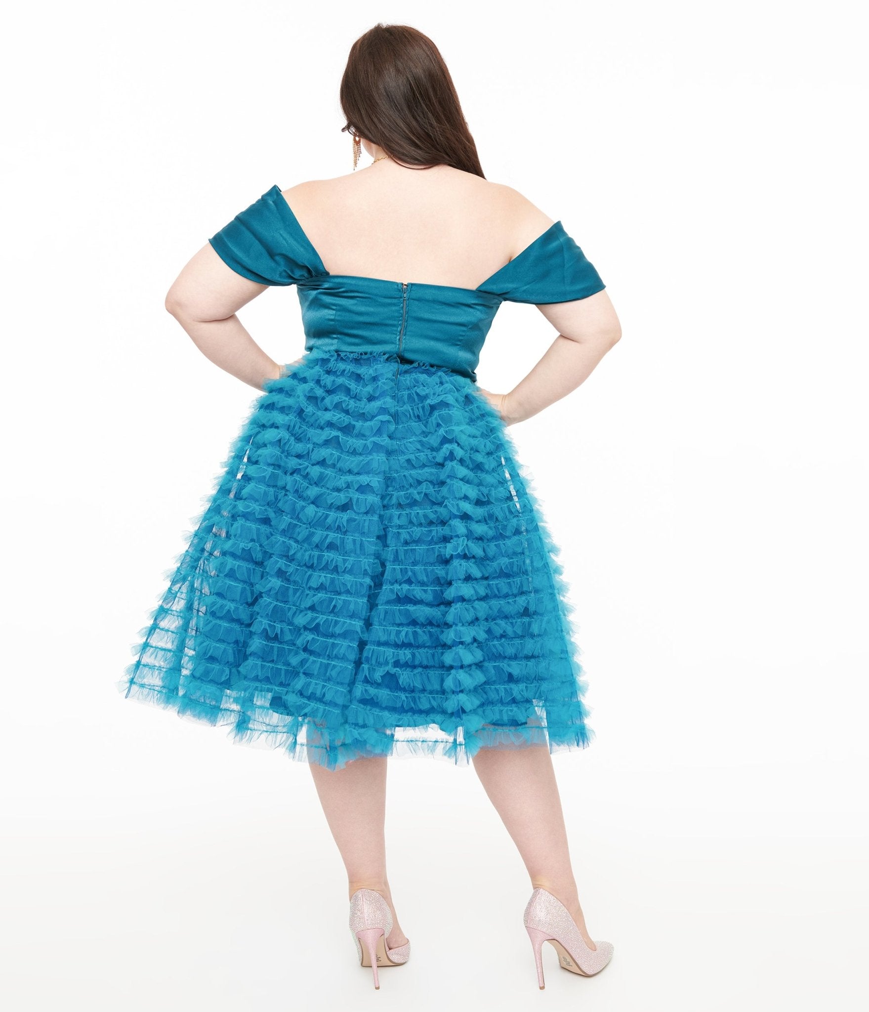 Unique Vintage Plus Size 1950s Teal Mesh Tulle Off The Shoulder Swing Dress