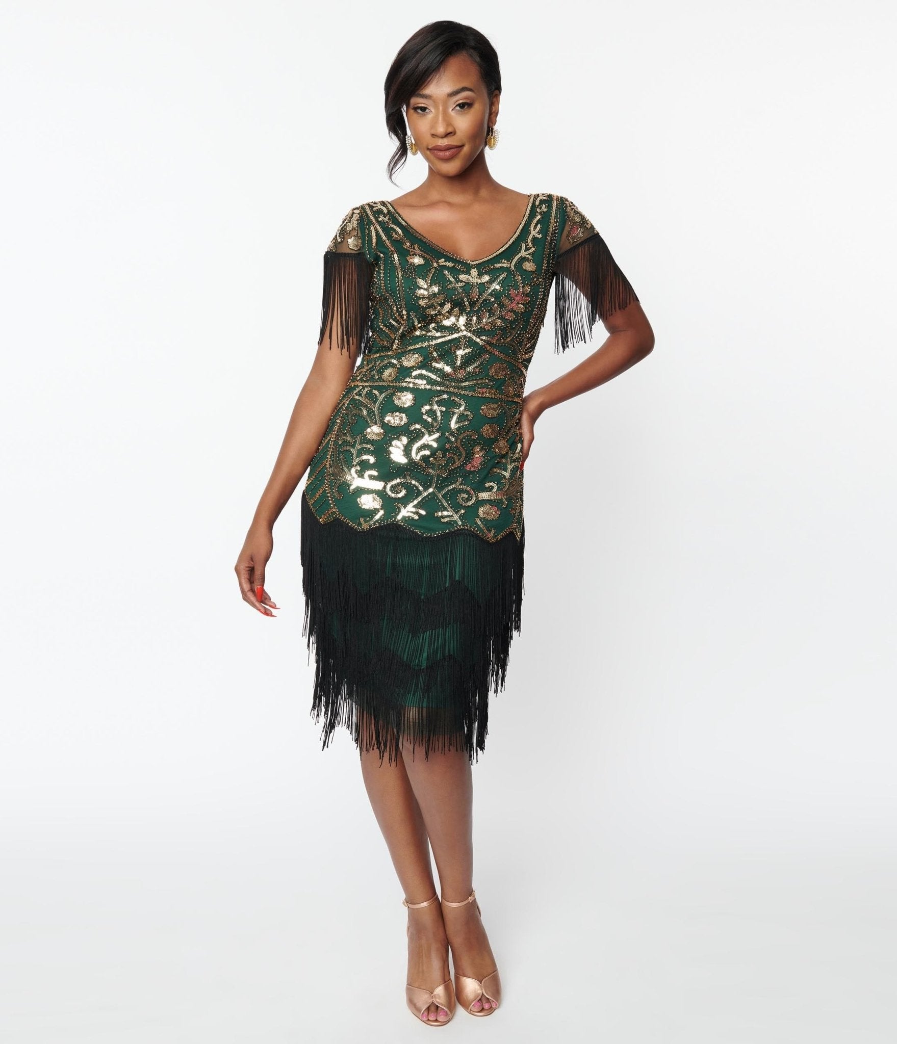 Unique Vintage 1920s Emerald & Gold Sequin Fringe Flapper Dress