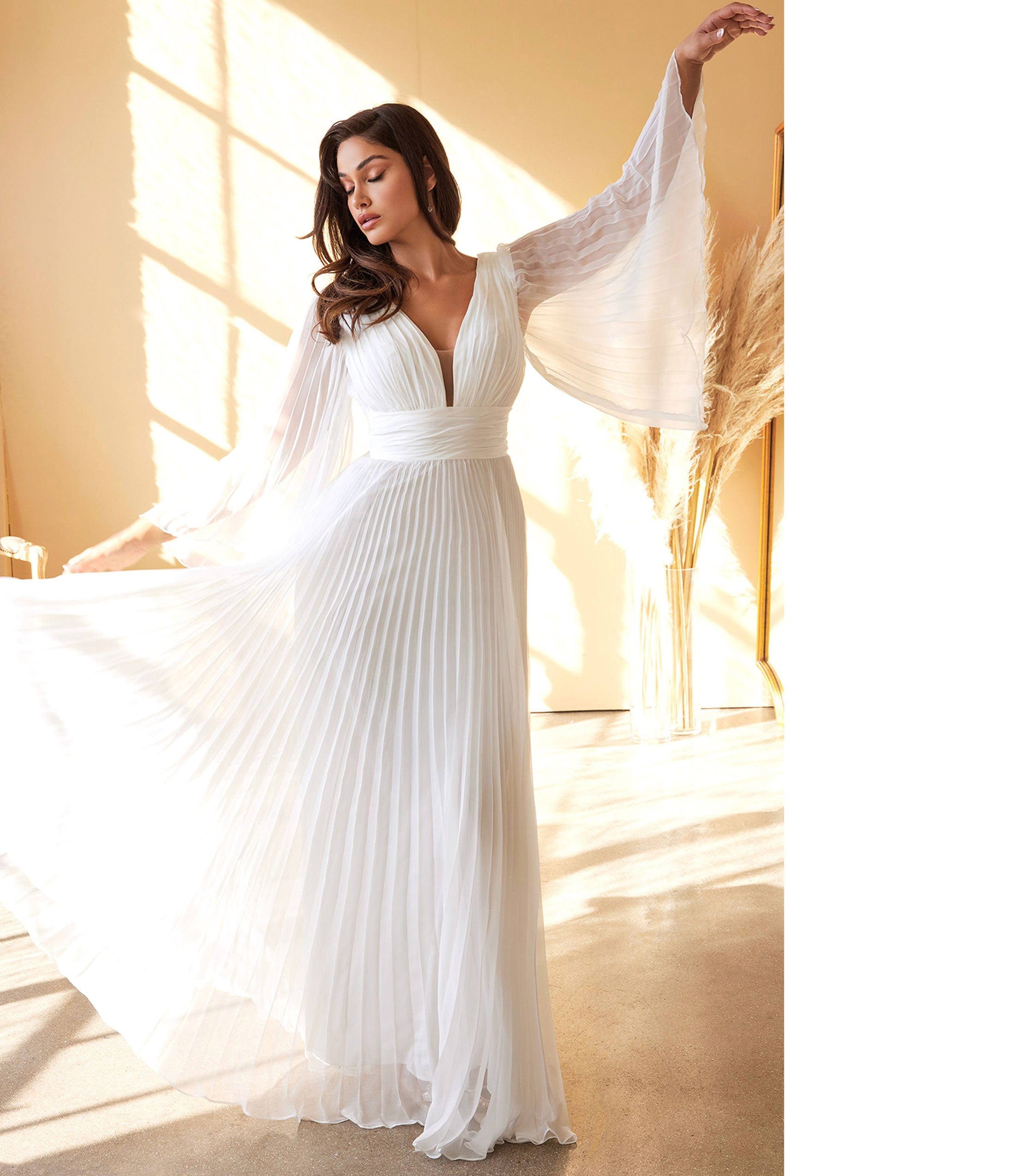 Ladivine by Cinderella Divine White Pleated Bridal Dress