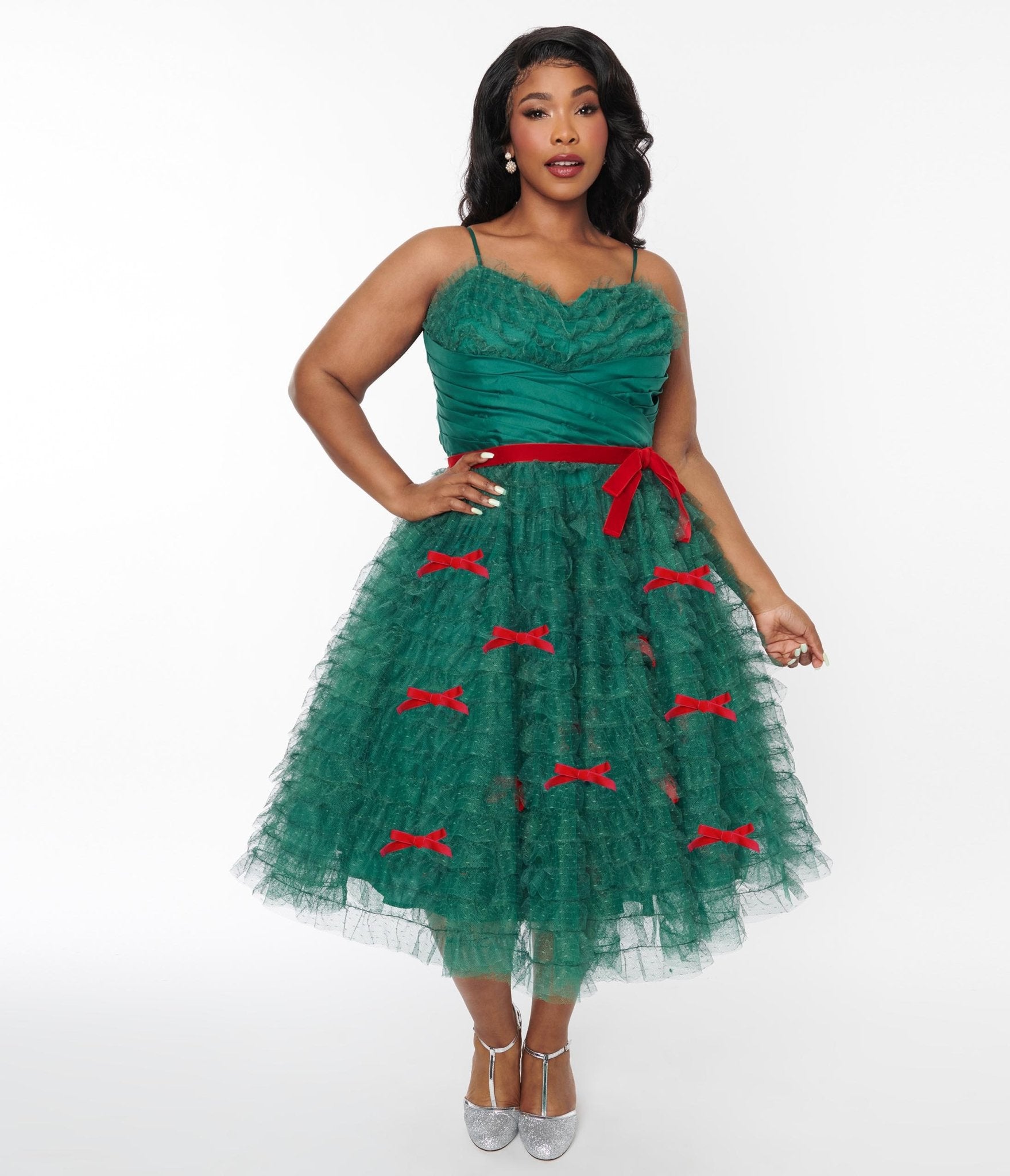 Unique Vintage Plus Size Emerald Green & Red Ribbon Tulle Cupcake Swing Dress