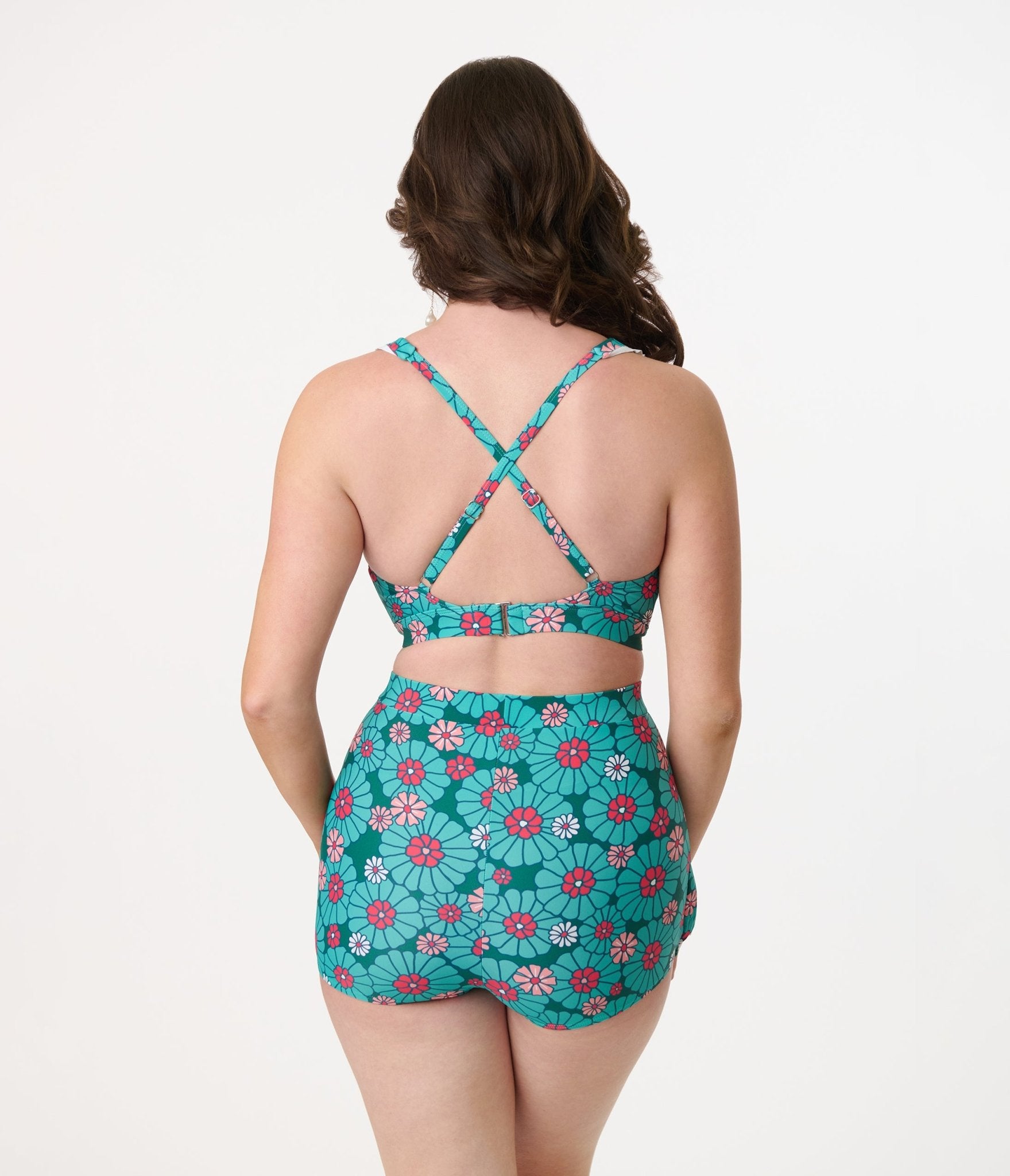 Unique Vintage Teal Flower Child High Waist Skort Swim Bottom