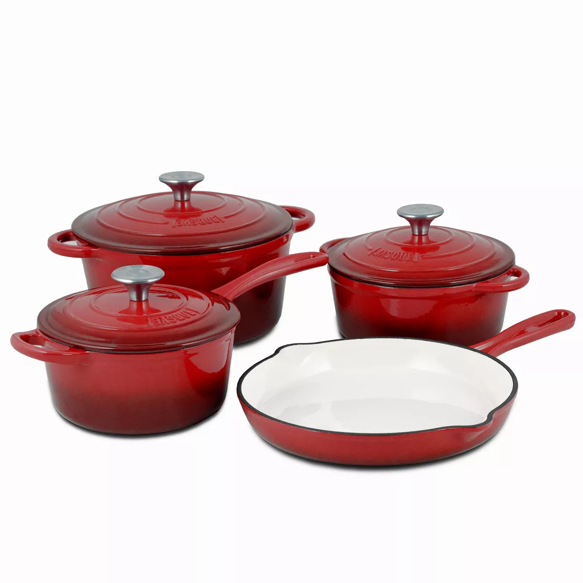 Basque Enameled Cast Iron Cookware Set, 7-Piece Set, Nonstick, Oven Safe, Red