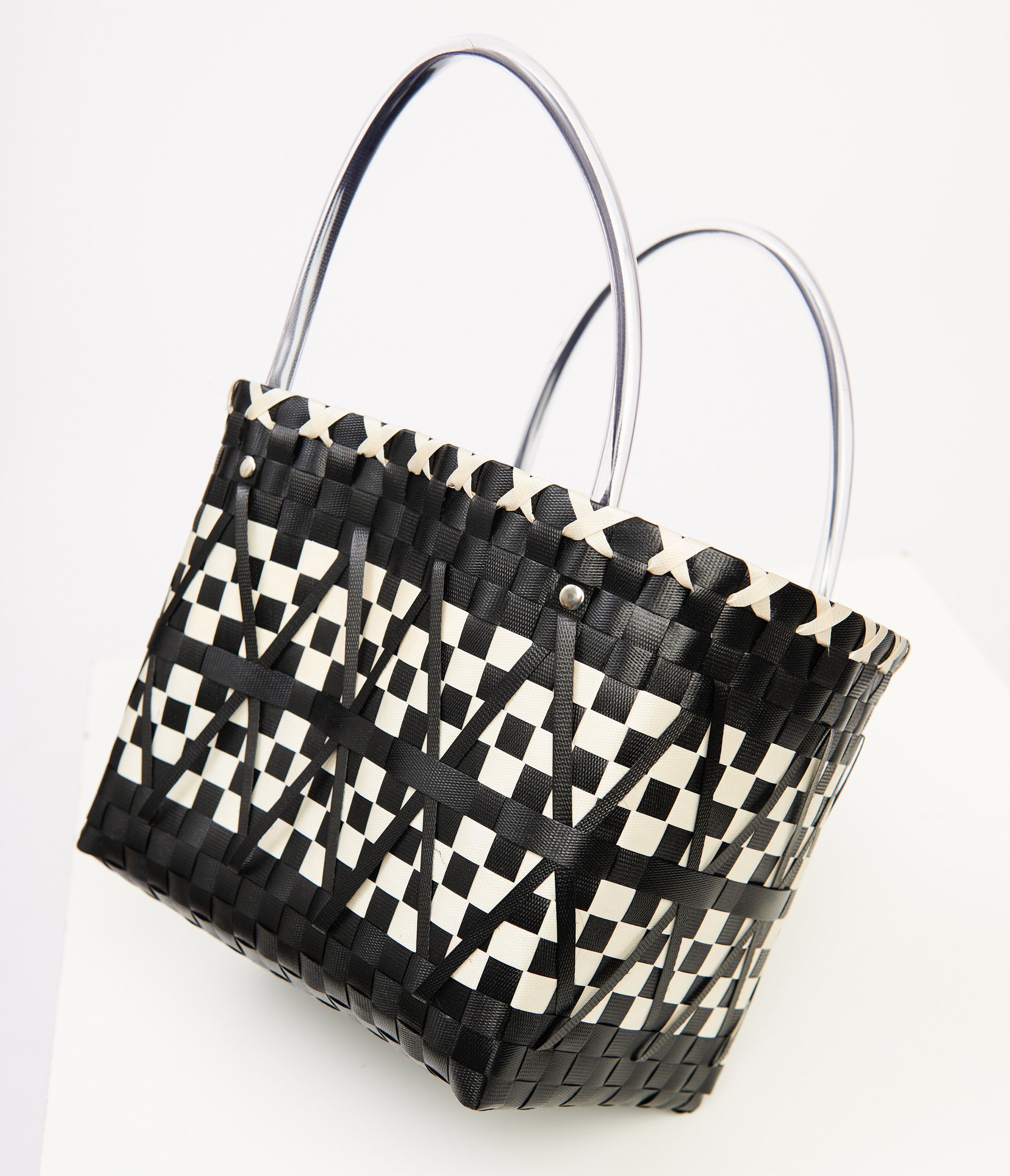 1970s Black & White Woven Chevron Basket Bag