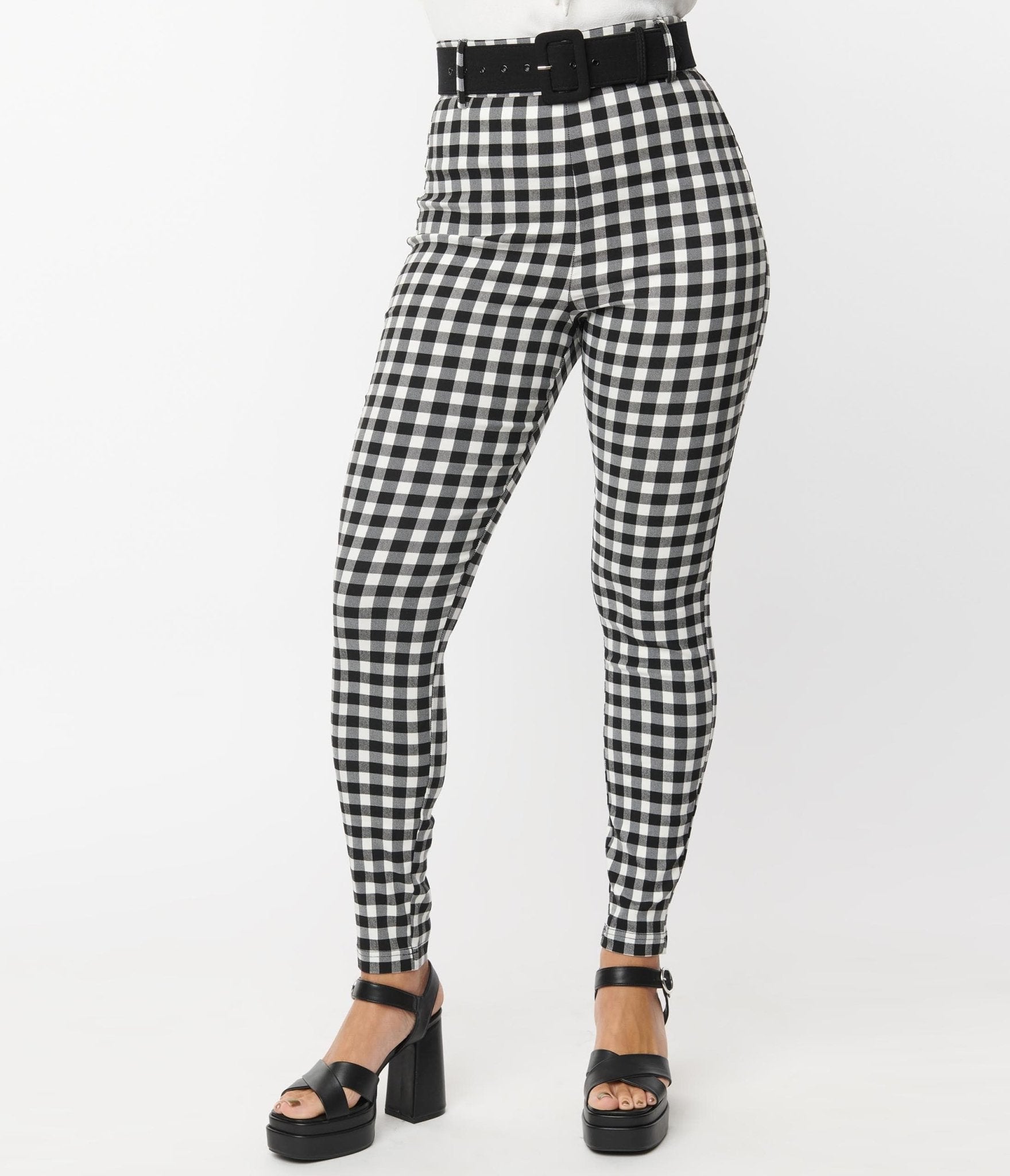 Unique Vintage Black & White Gingham Belted Rizzo Pants