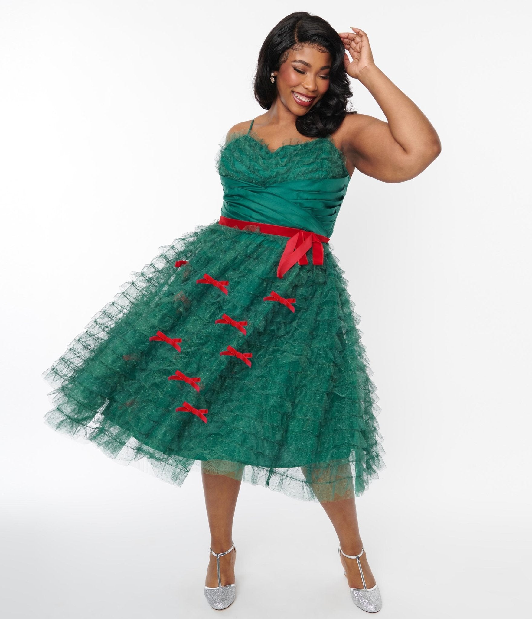 Unique Vintage Plus Size Emerald Green & Red Ribbon Tulle Cupcake Swing Dress