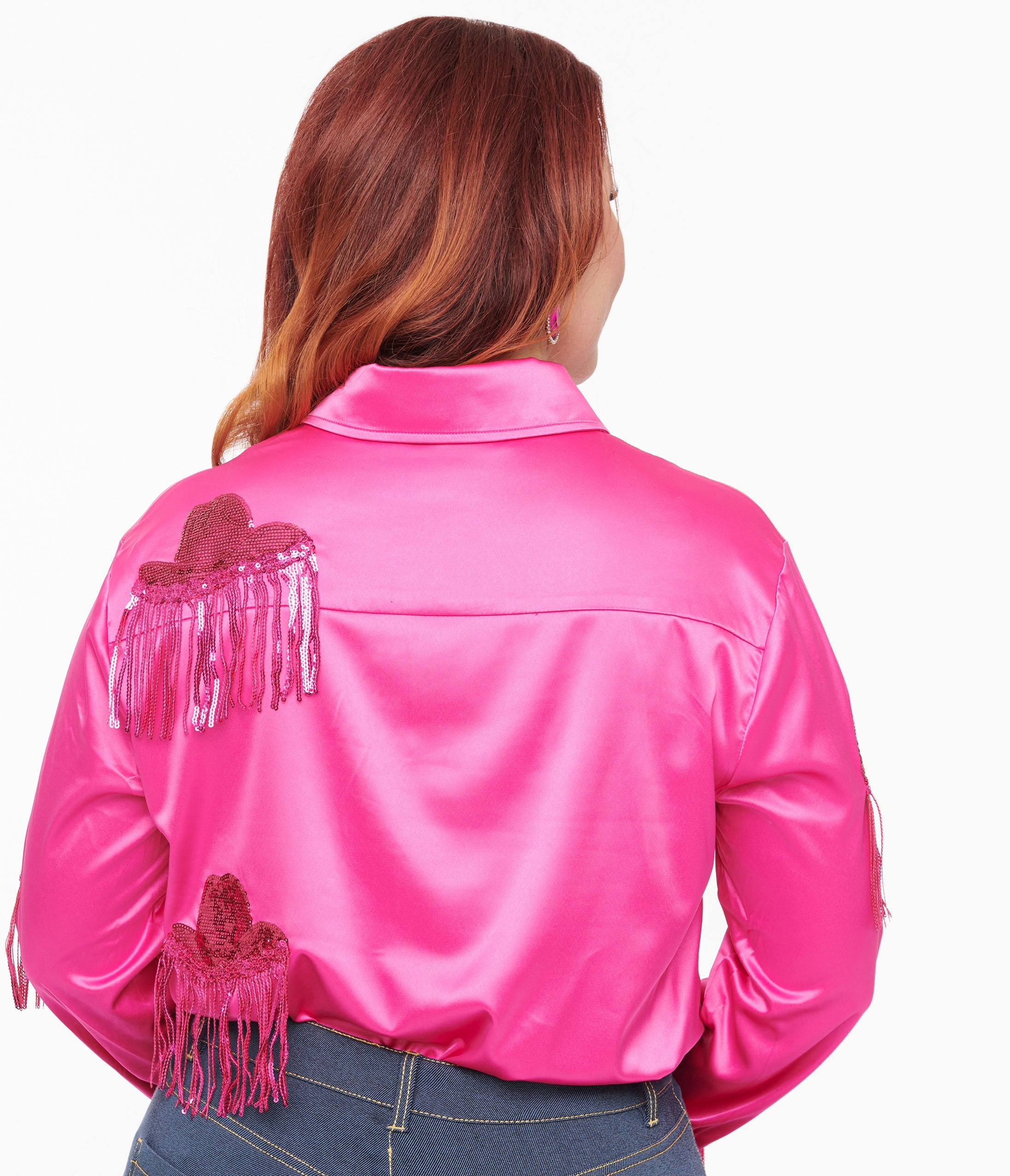 Hot Pink Western Hat Sequin Fringe Satin Blouse