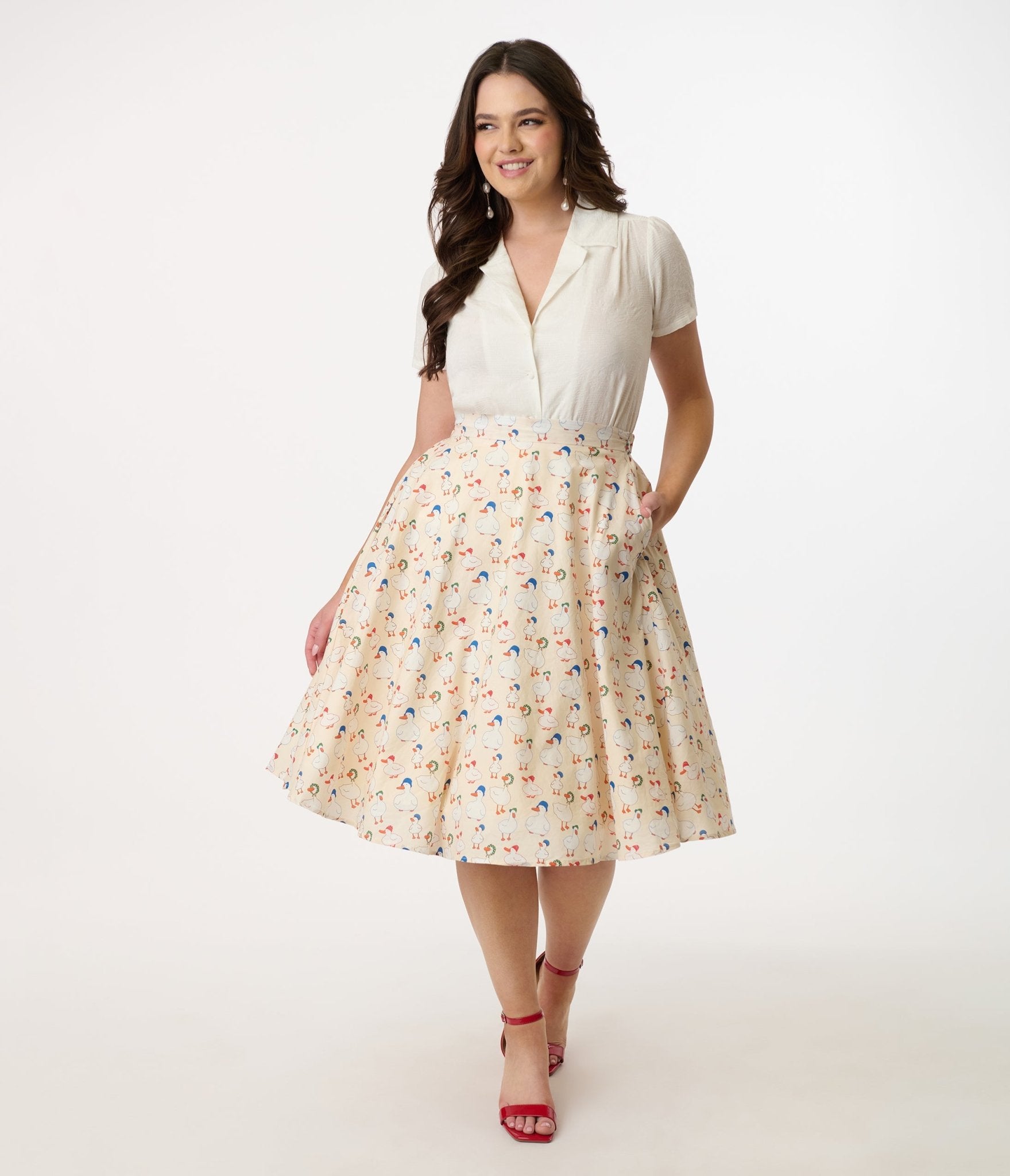 1950s Cream & Duck Print Cotton Swing Skirt