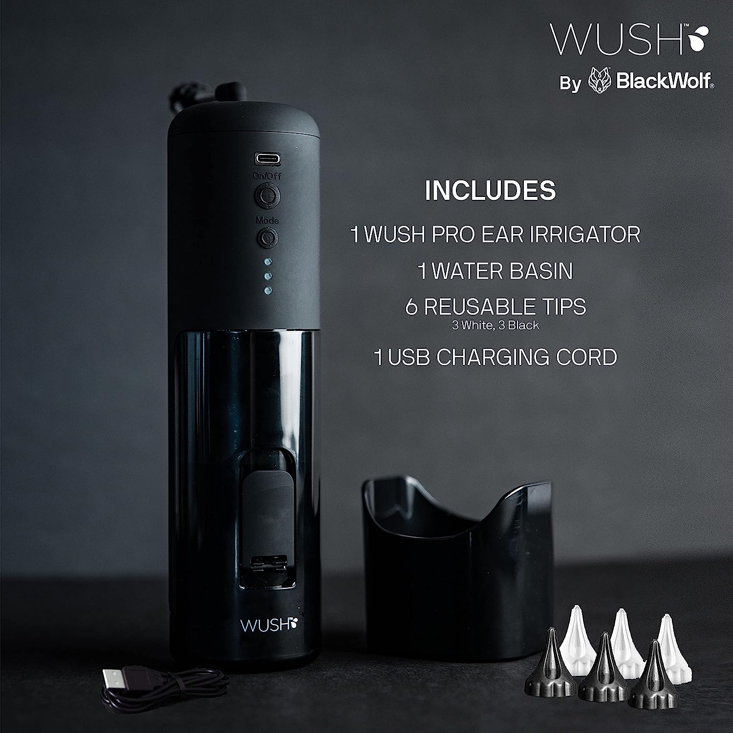 Black Wolf Wush Pro Water Powered Ear Cleaner Electric Triple Jet Stream with 3 Pressure Settings For Ear Wax Buildup Ear Wax Removal Kit Water Resistant USB Rechargeable