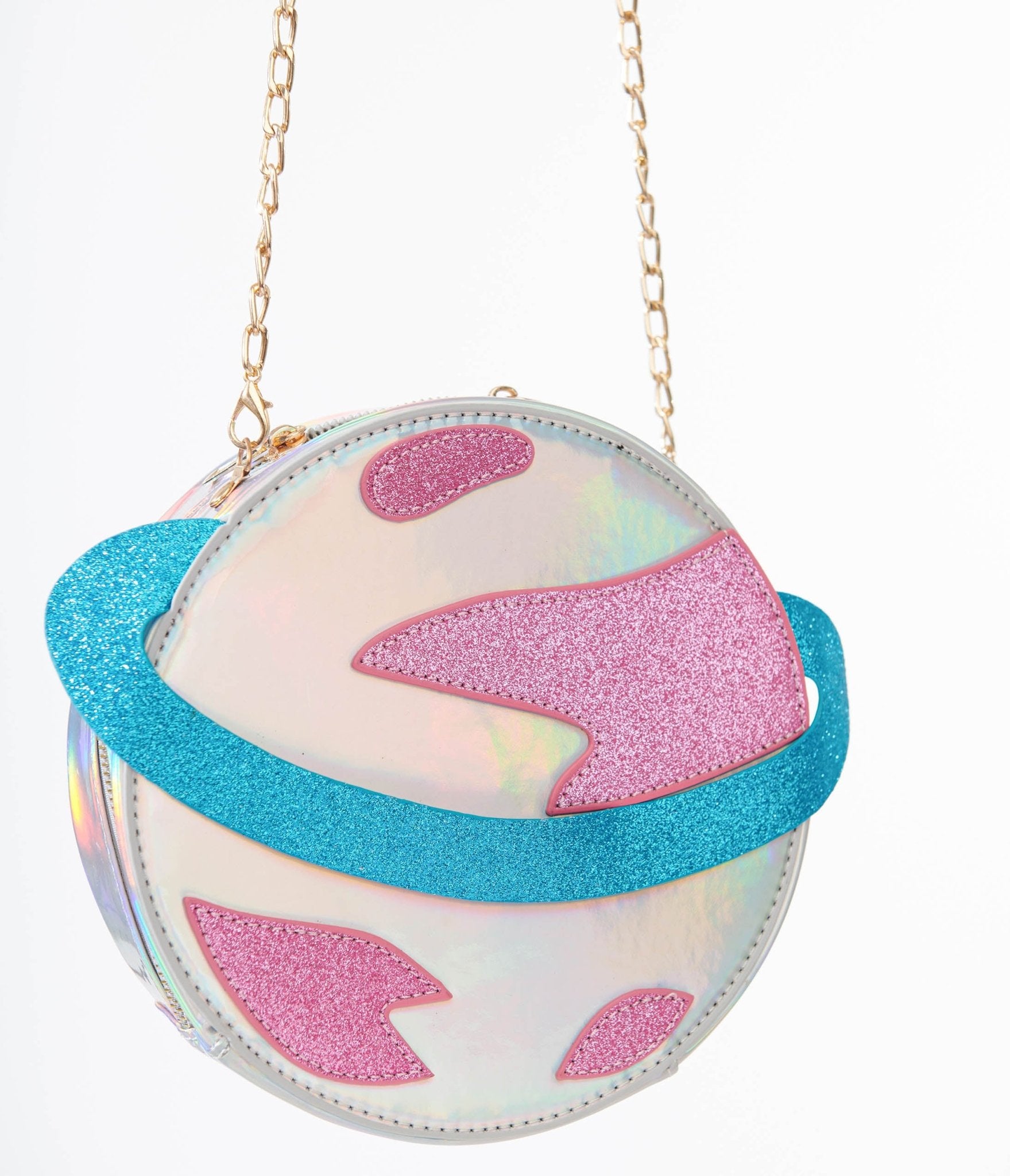 Unique Vintage Blue & Pink Glitter Saturn Planet Crossbody Bag