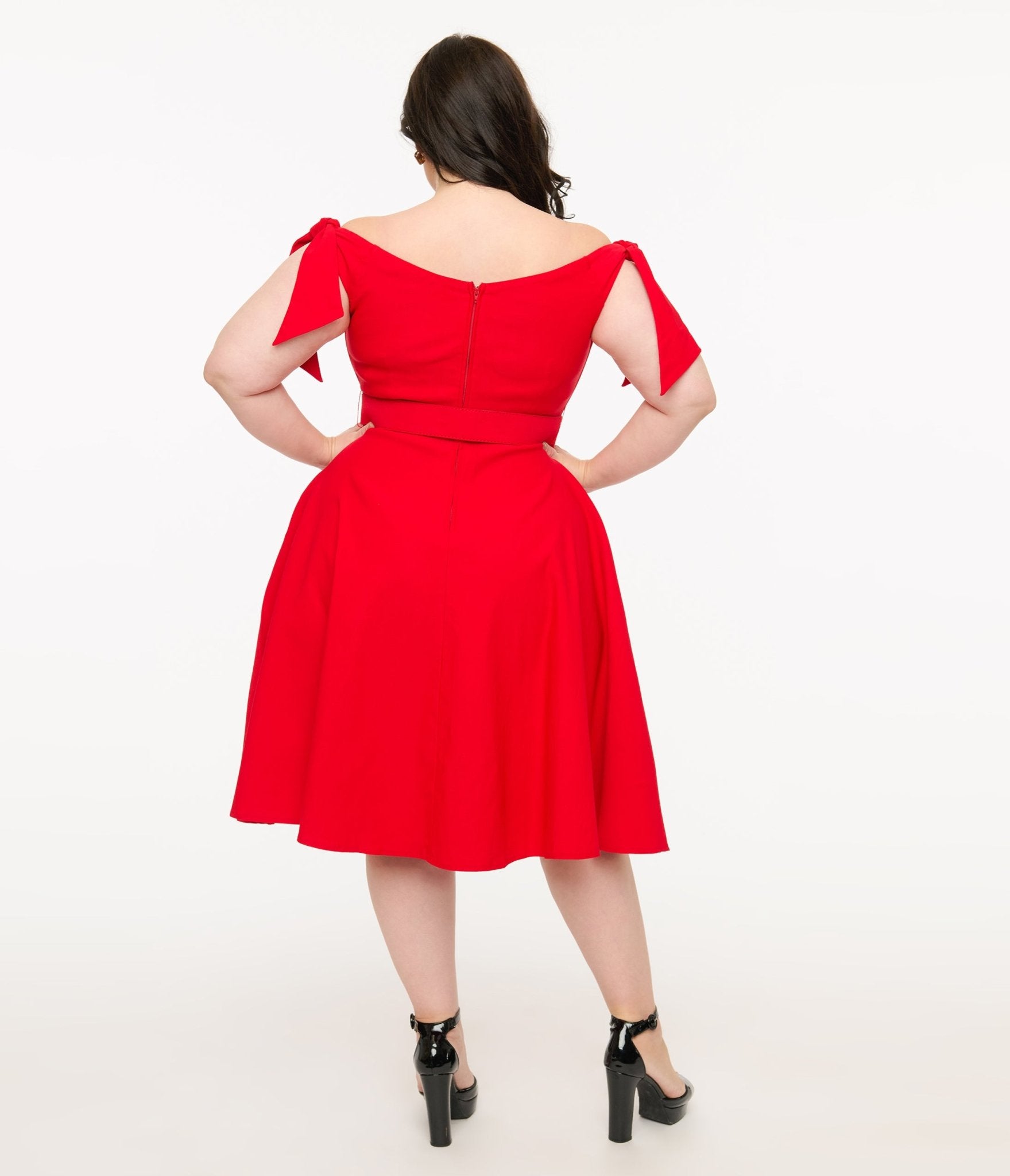 Unique Vintage Plus Size 1960s Red Off The Shoulder Swing Dress