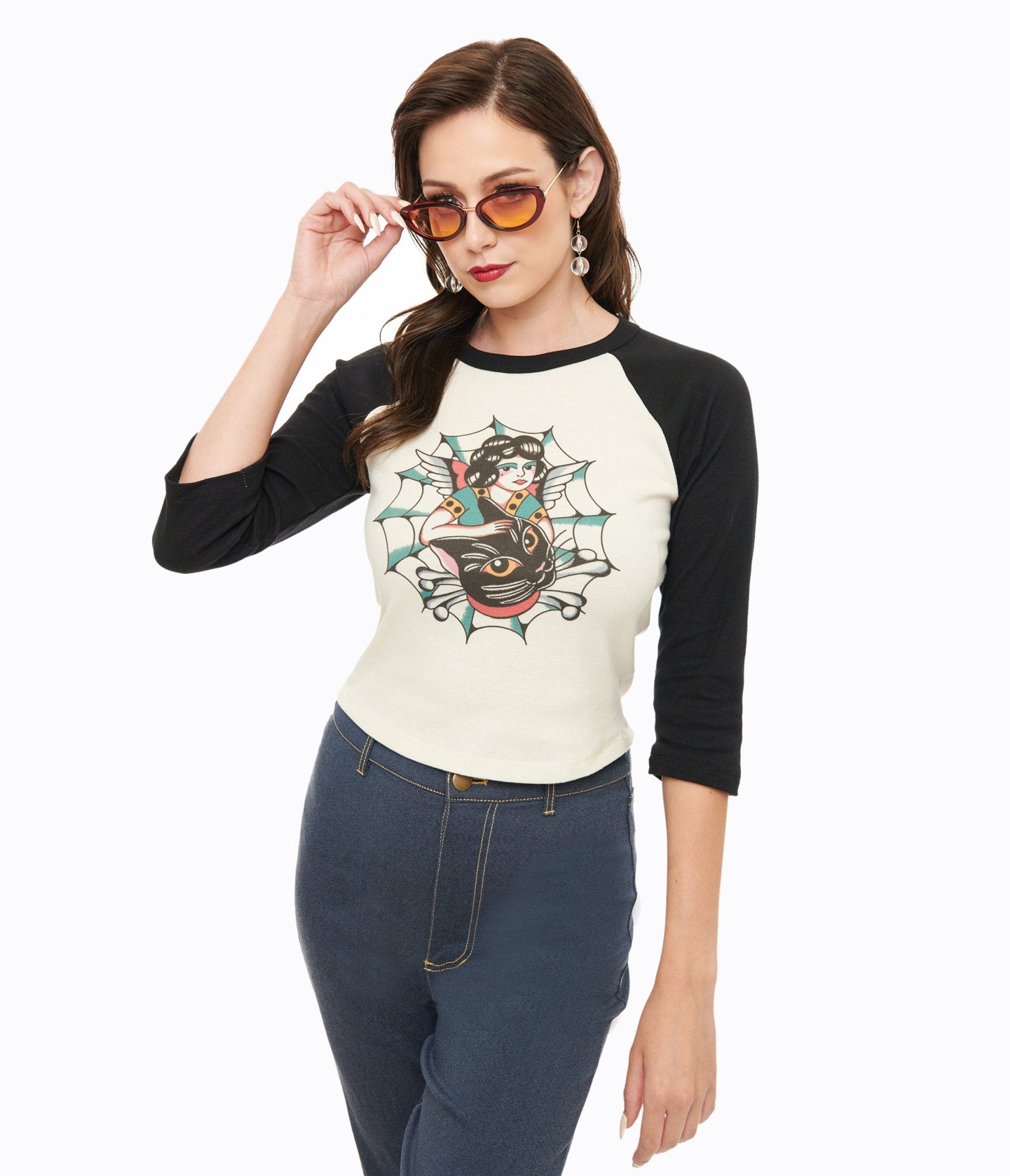 Mischief Made White & Black The Outlaw Lady Cat Cropped Graphic Tee