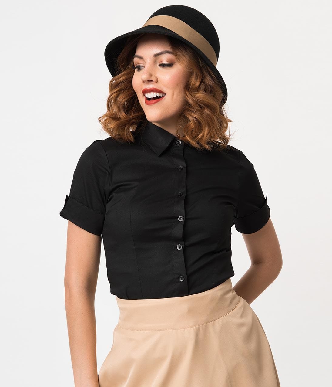 Black Collared Short Sleeve Button Up Blouse