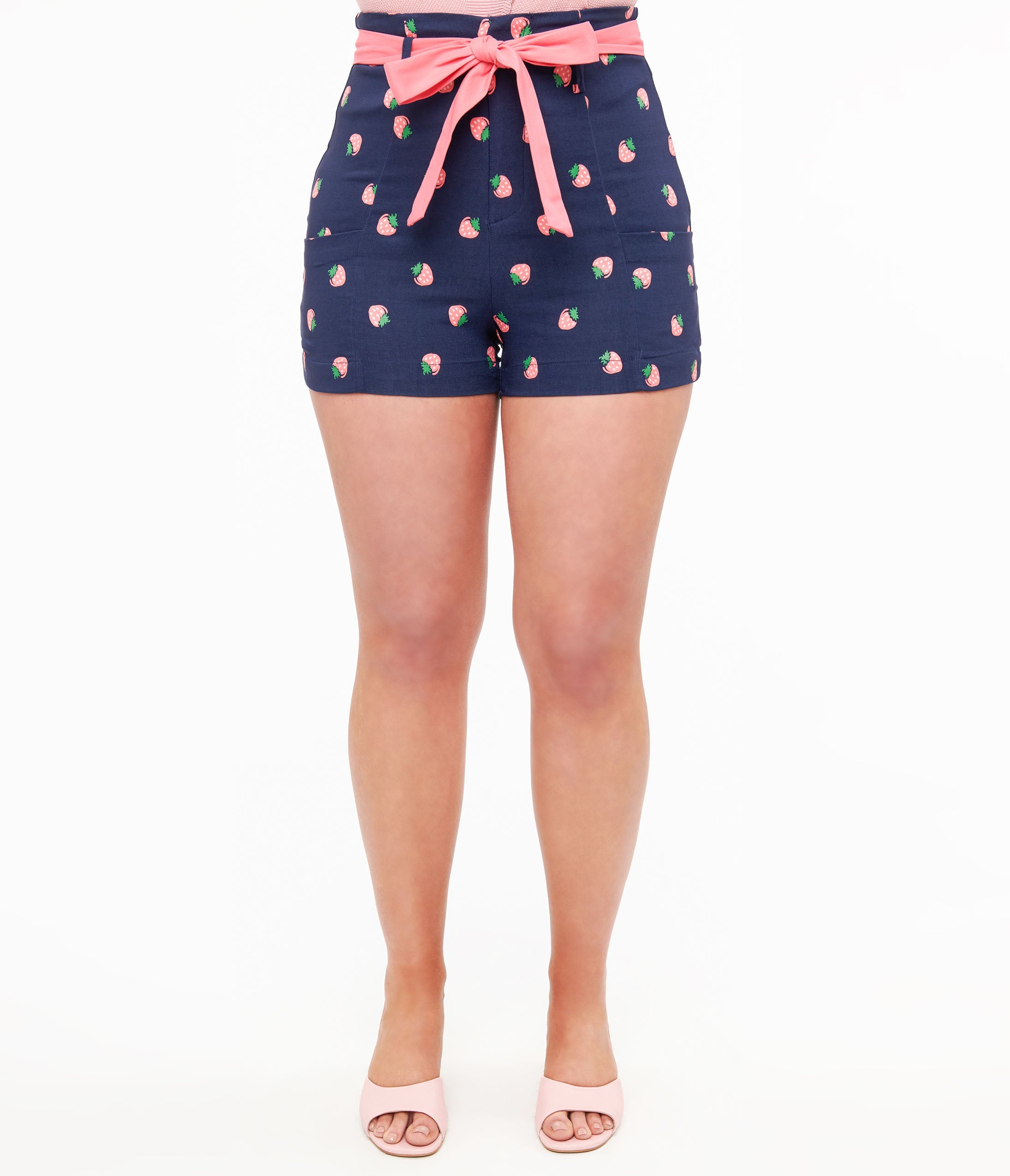 Unique Vintage Navy & Pink Strawberry Stamp Tied & True Shorts