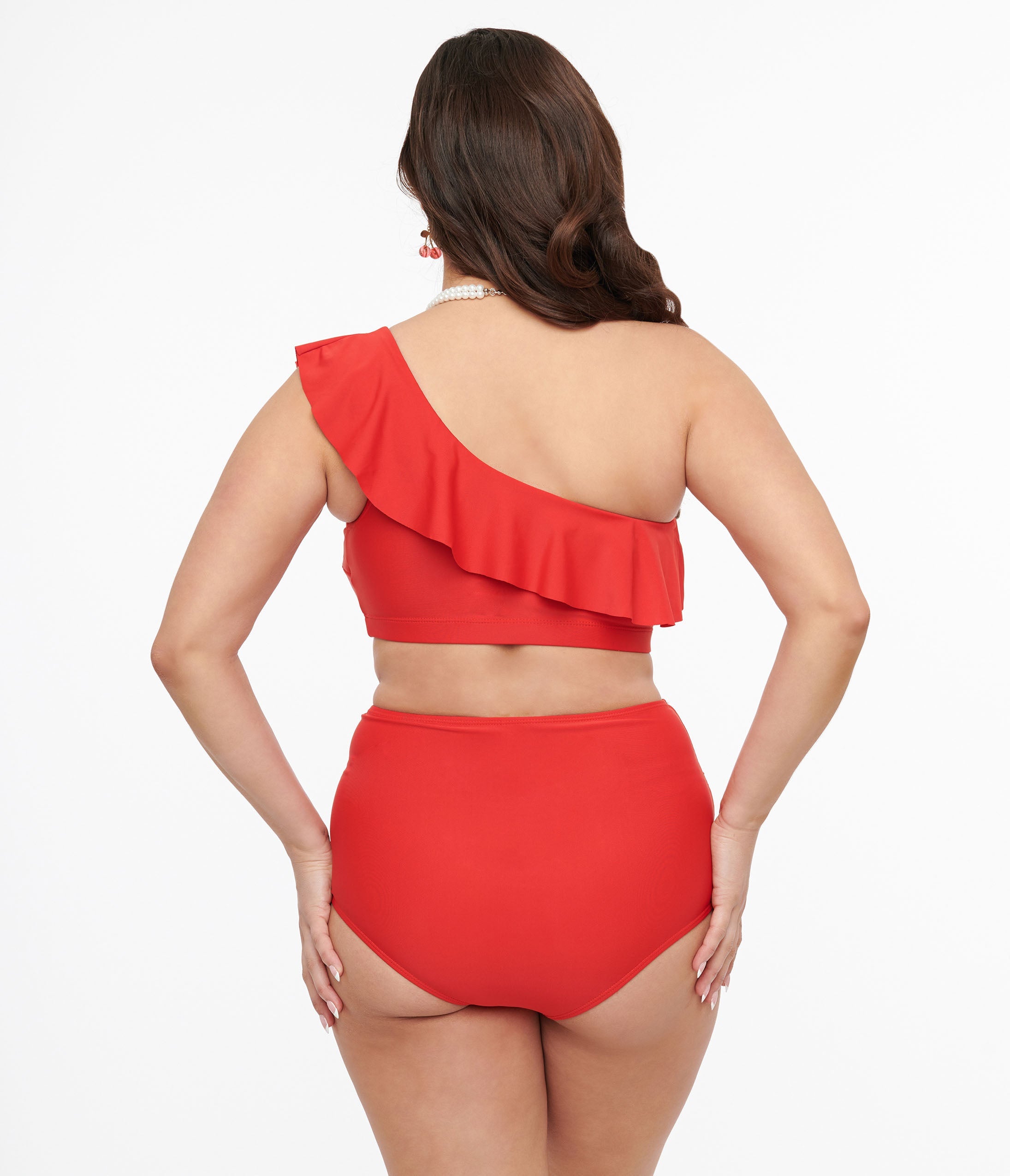 Red Asymmetric One Shoulder Ruffled Two Piece Swim Set